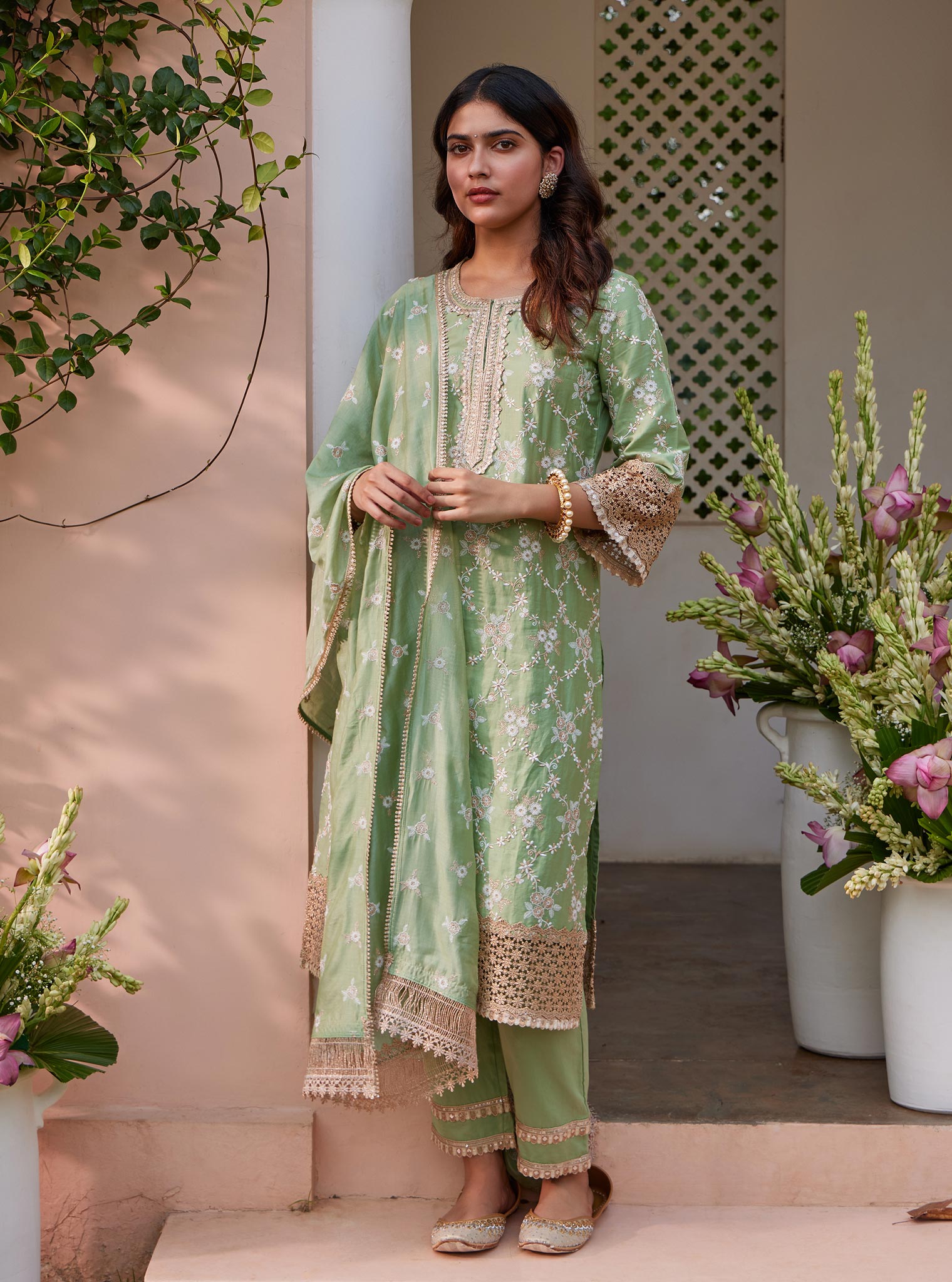 Mulmul Pima Agasti Green Kurta with Mulmul Pima Agasti Green Pant