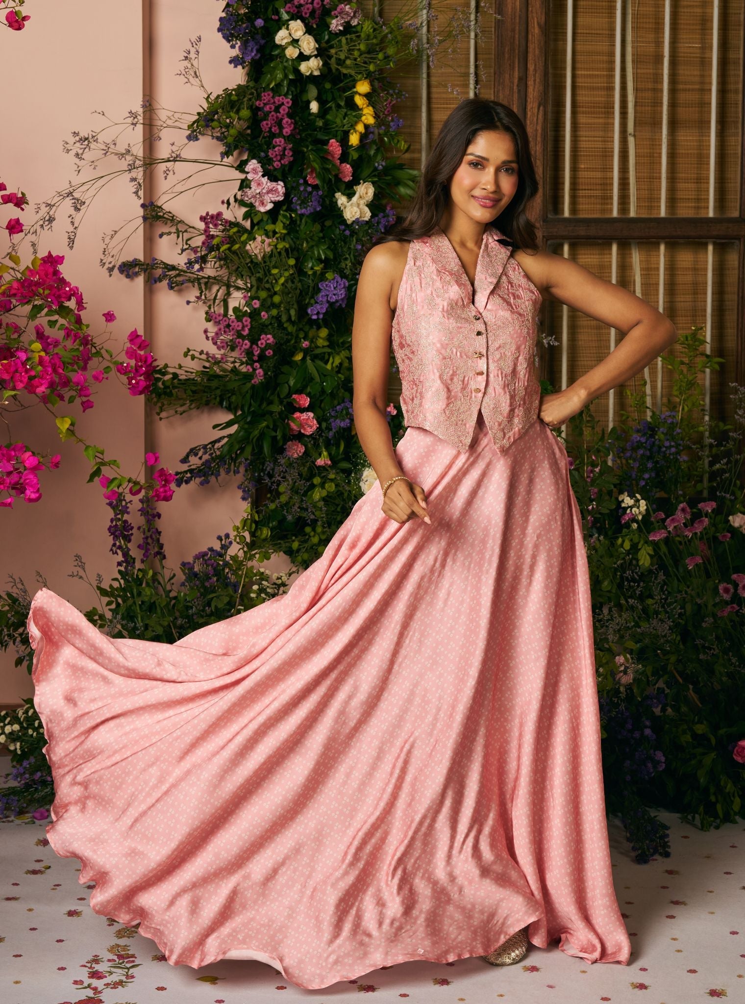 Kuhu Cupro Satin Printed Pink Waistcoat with Wide Pleated Skirt