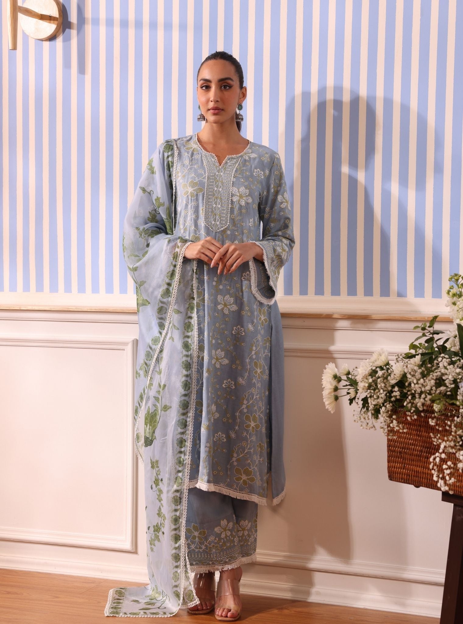 Mulmul Linen Vania Light Blue Kurta With Mulmul Linen Vania Light Blue Pant