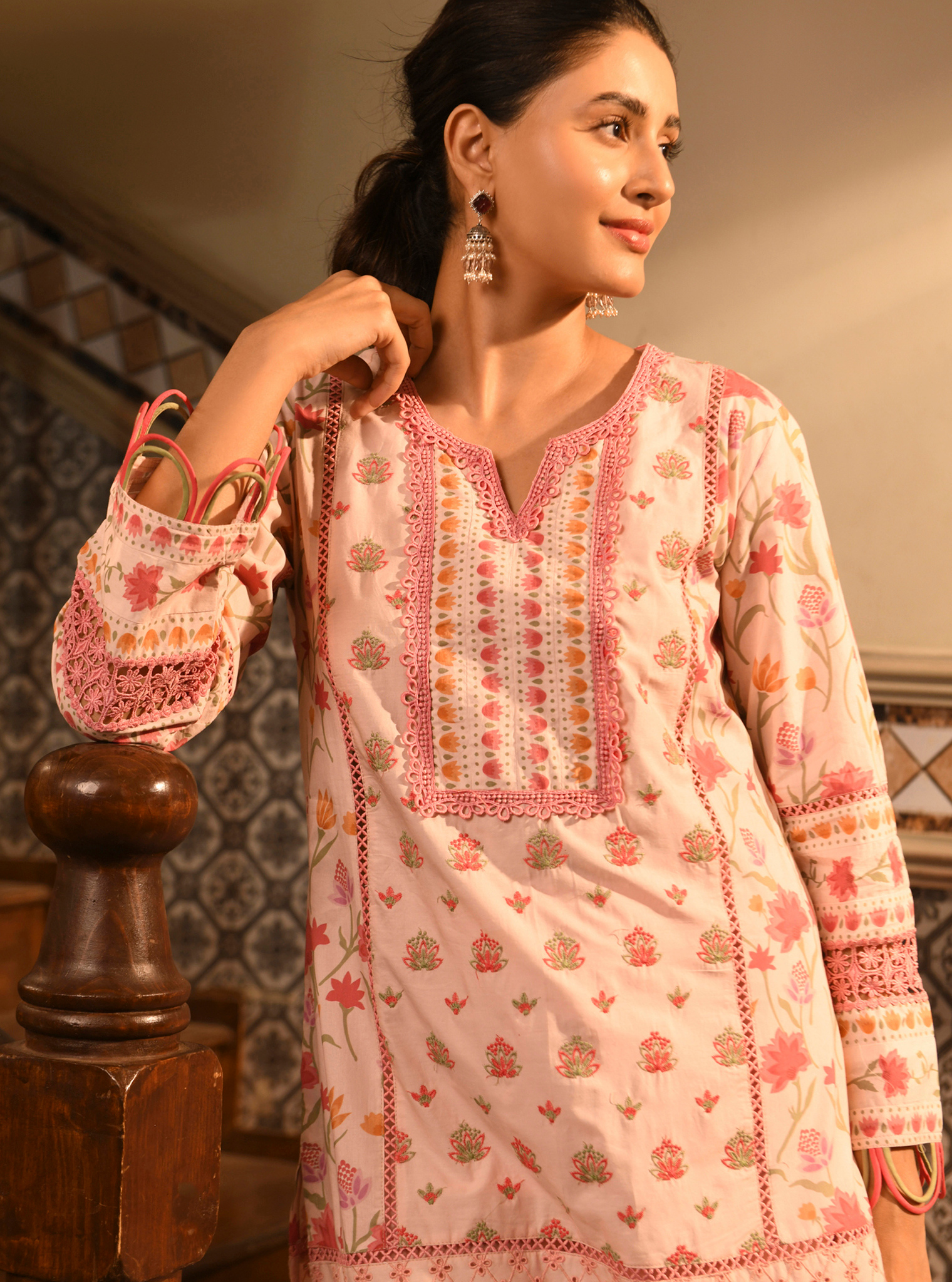 Mulmul Cotton Sanny Pink Printed Kurta With Mulmul Cotton Sanny Pink Pant