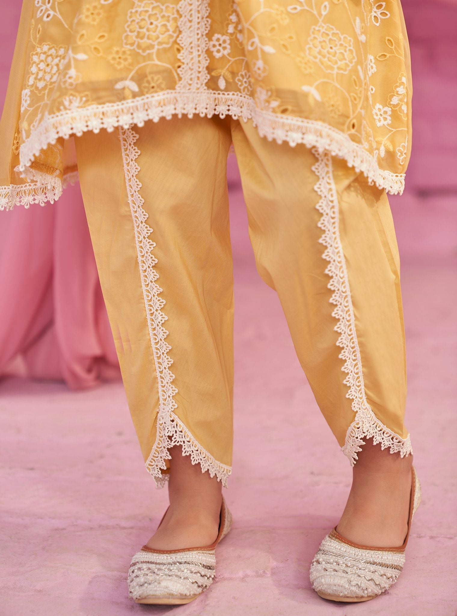 Mulmul Organza Safira Yellow Kurta With Mulmul Cotton Safira Yellow Dhoti Pant