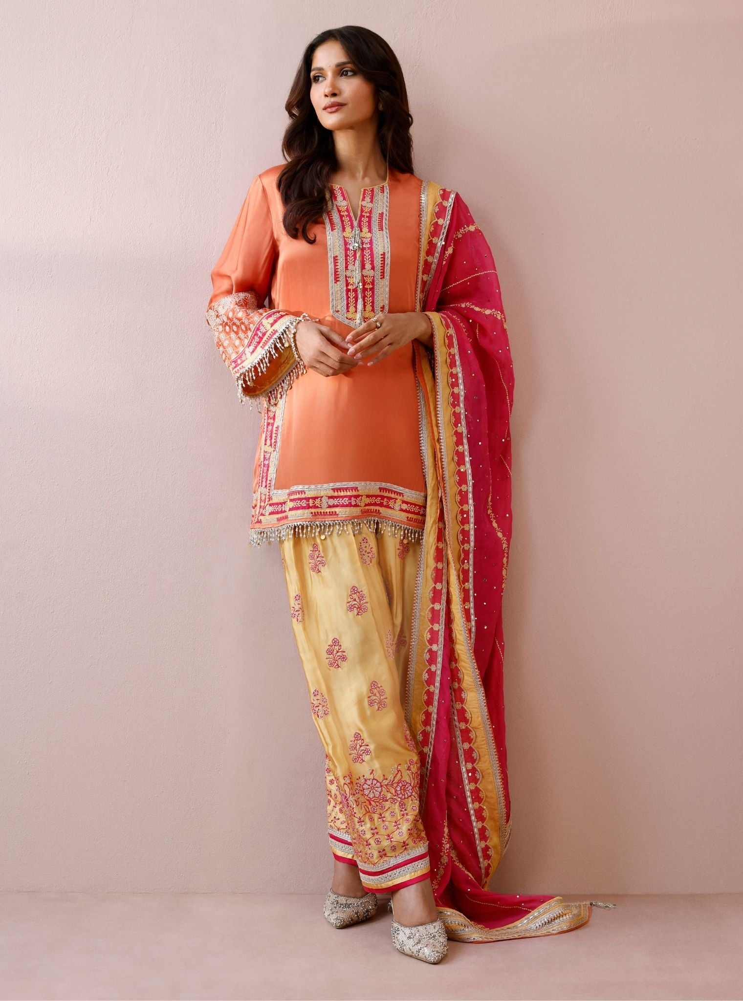 Shvi Cupro Satin Orange Kurta With Farshi Salwar