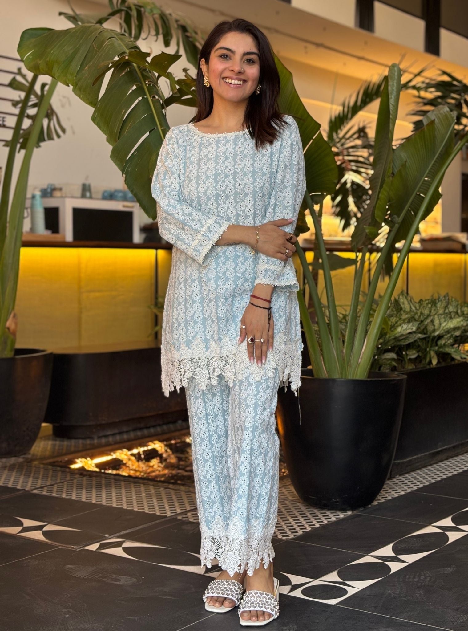 Mulmul Cotton Ebana Light Blue Top With Mulmul Cotton Ebana Light Blue Pant