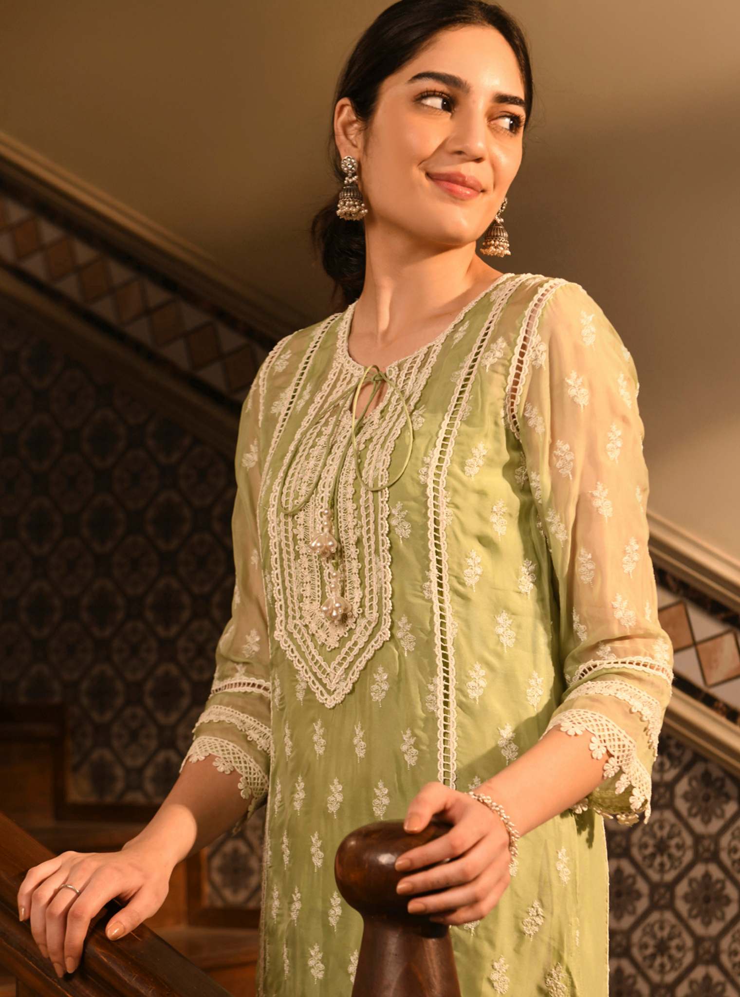 Mulmul Organza Sanaz Green Kurta With Mulmul Cotton Sanaz Green pant