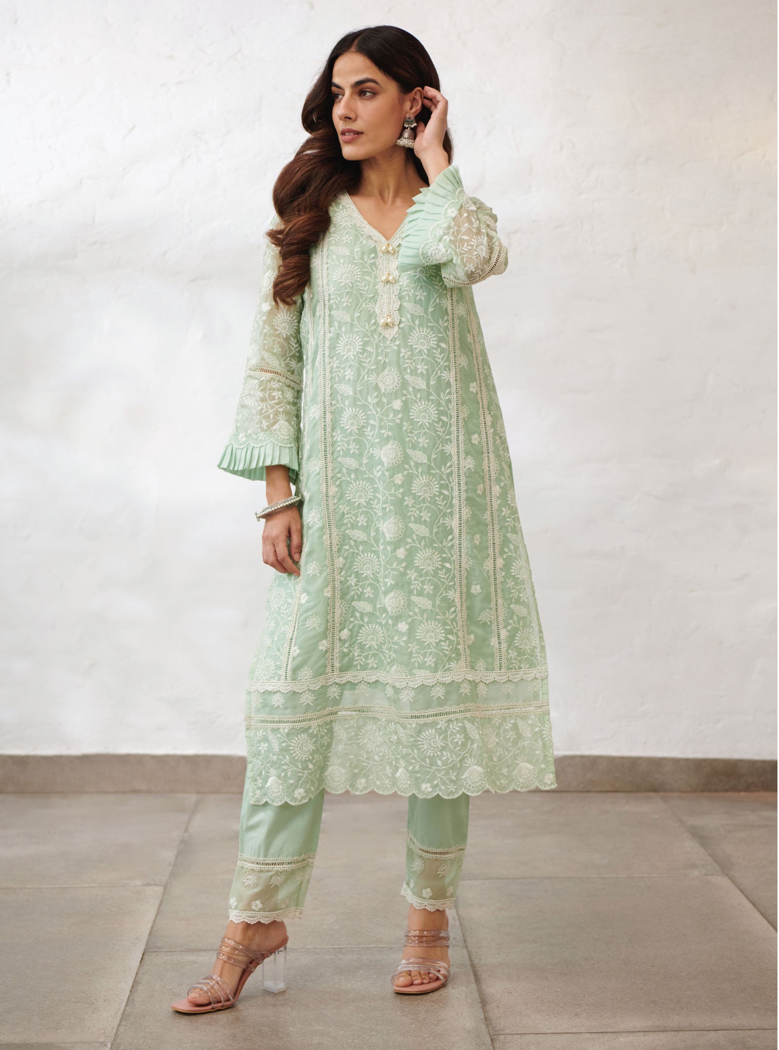 Mulmul Organza Dorset Green Kurta With Cotton Dorset Green Pant