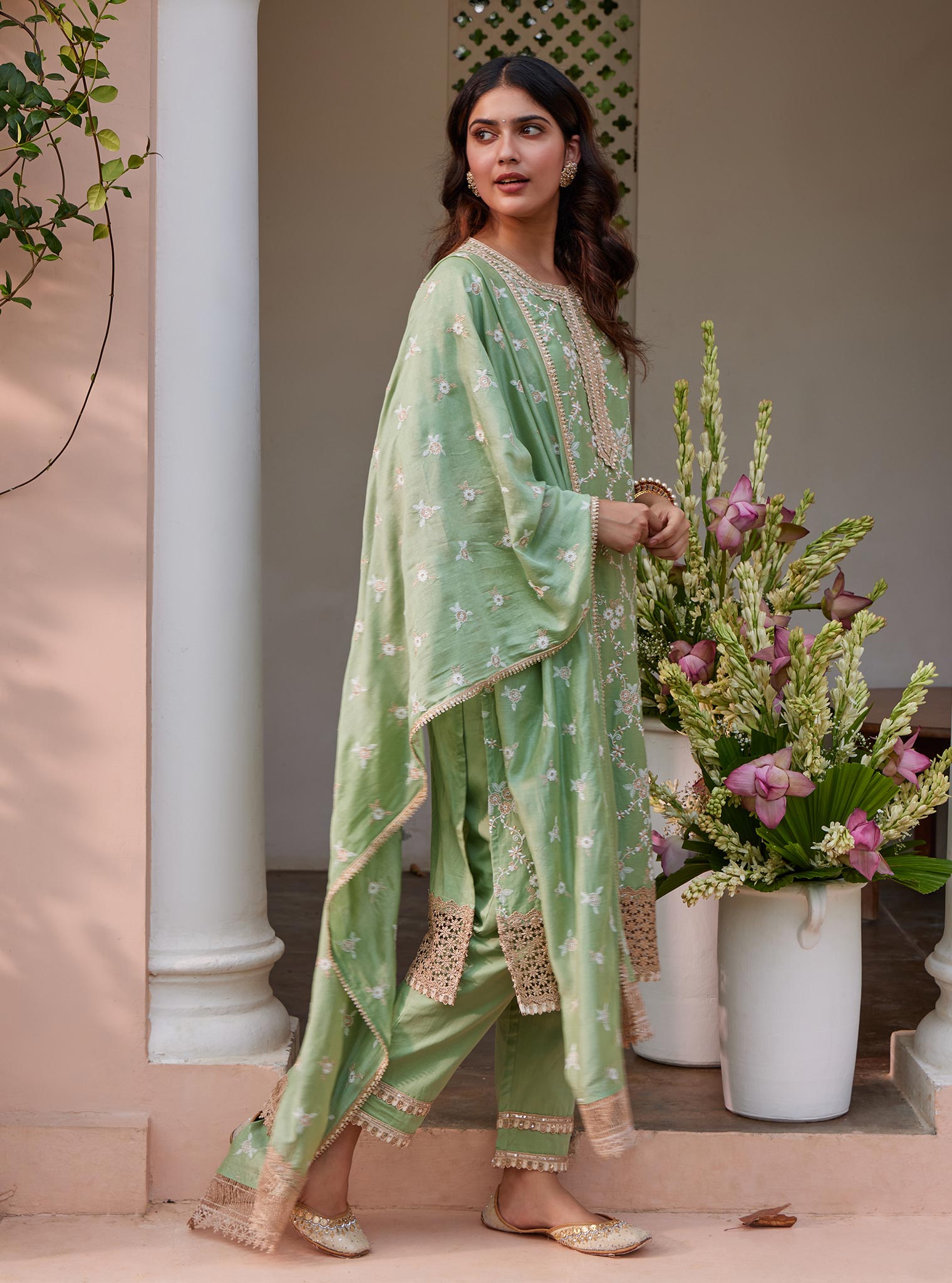 Mulmul Pima Agasti Green Kurta with Mulmul Pima Agasti Green Pant