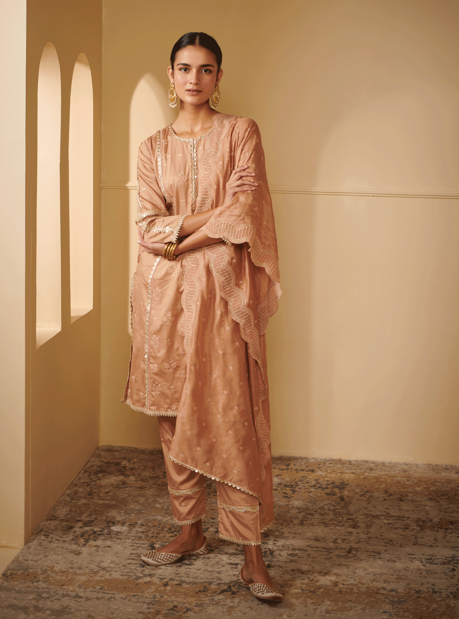 Mulmul Pima Satin Kaveri Brown Kurta With Kaveri Brown Pant