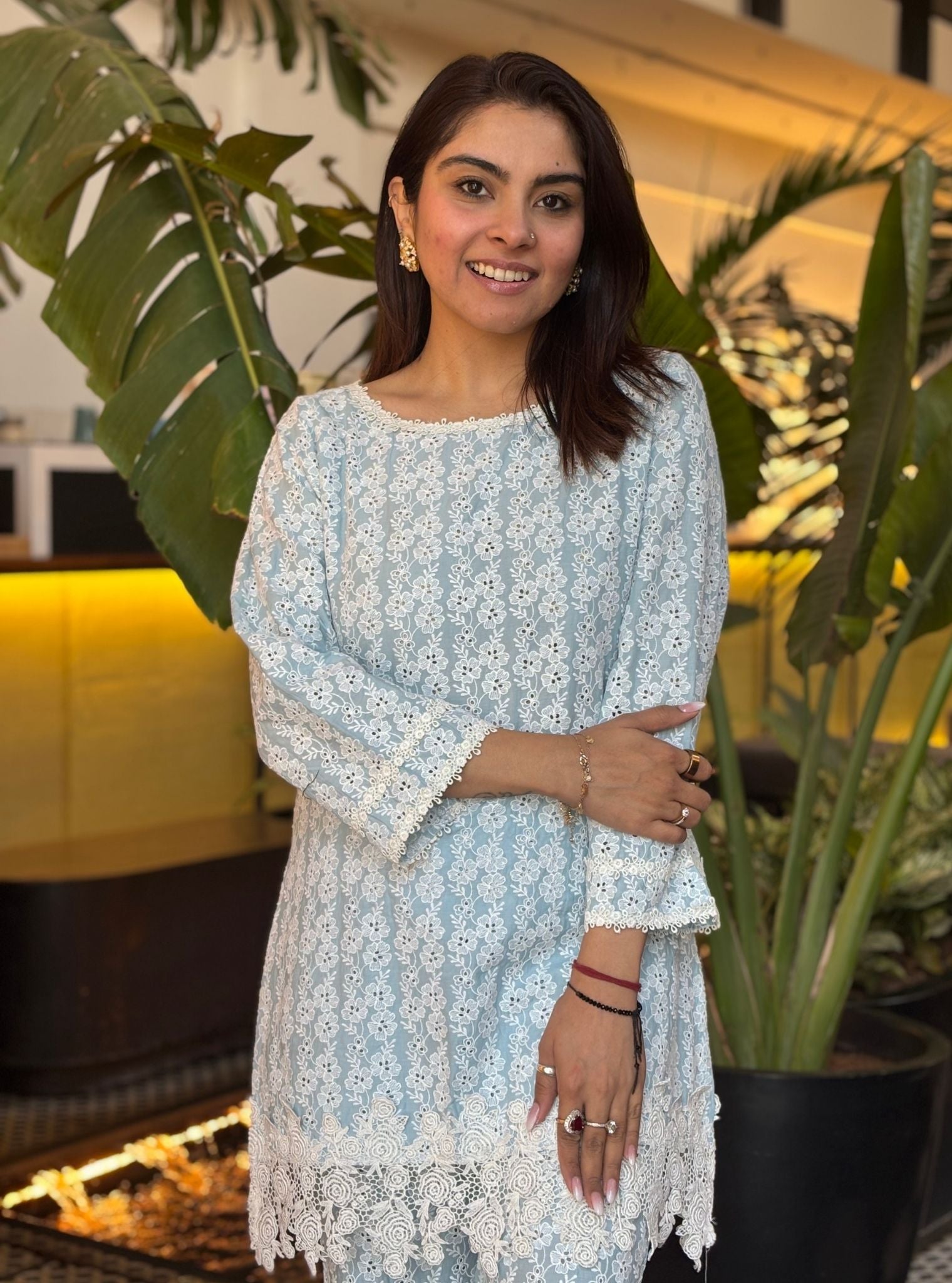 Mulmul Cotton Ebana Light Blue Top With Mulmul Cotton Ebana Light Blue Pant