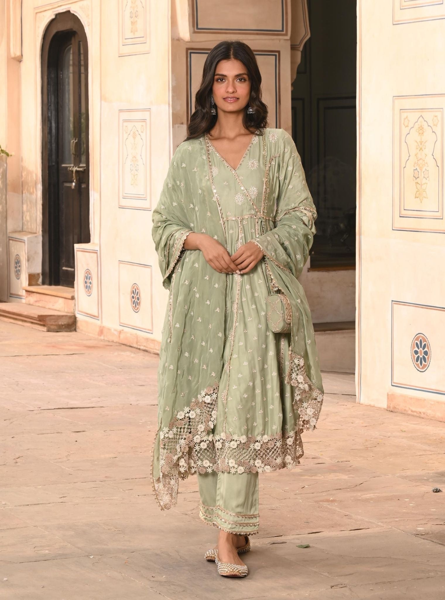 Mulmul Modal Satin Chaiyya Sage Green Anarkali Kurta with Mulmul Modal Satin Chaiyya Sage Green Pant