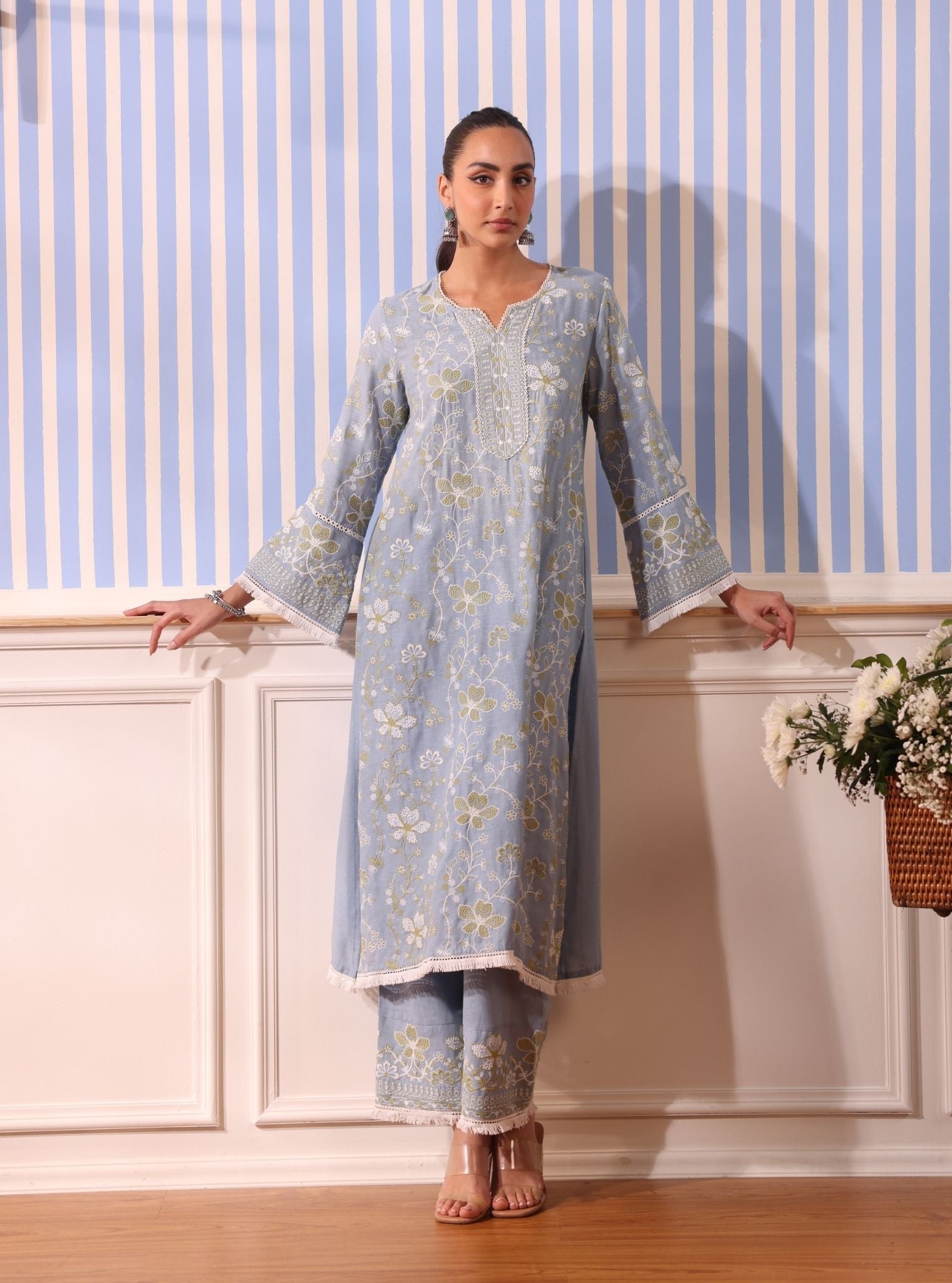 Mulmul Linen Vania Light Blue Kurta With Mulmul Linen Vania Light Blue Pant
