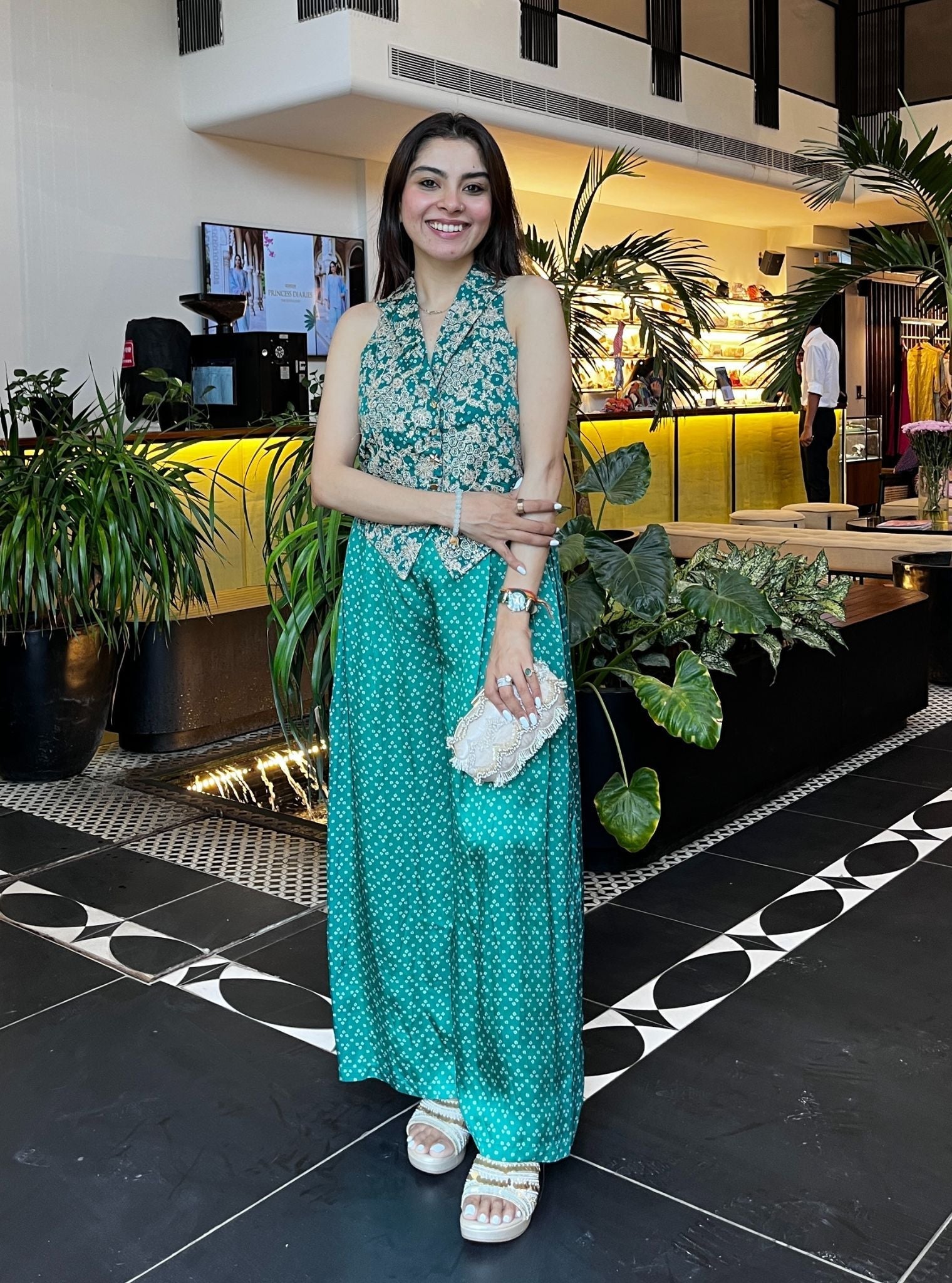 Kuhu Cupro Satin Printed Emerald Green Waistcoat With Wide Pleated Pant