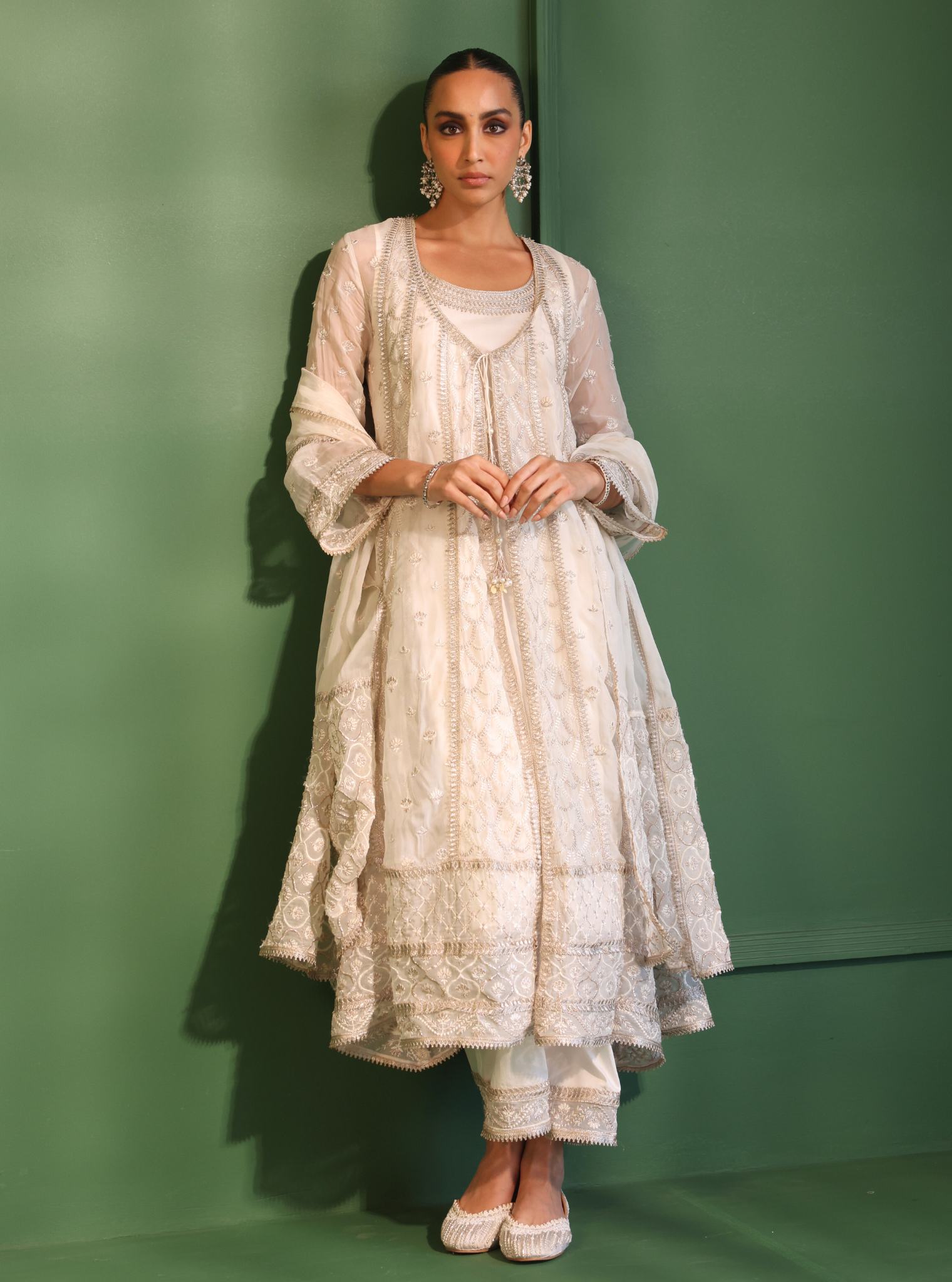 Mulmul Organza Dilruba Off White Anarkali Kurta With Mulmul Pima Satin Dilruba Off White Pant