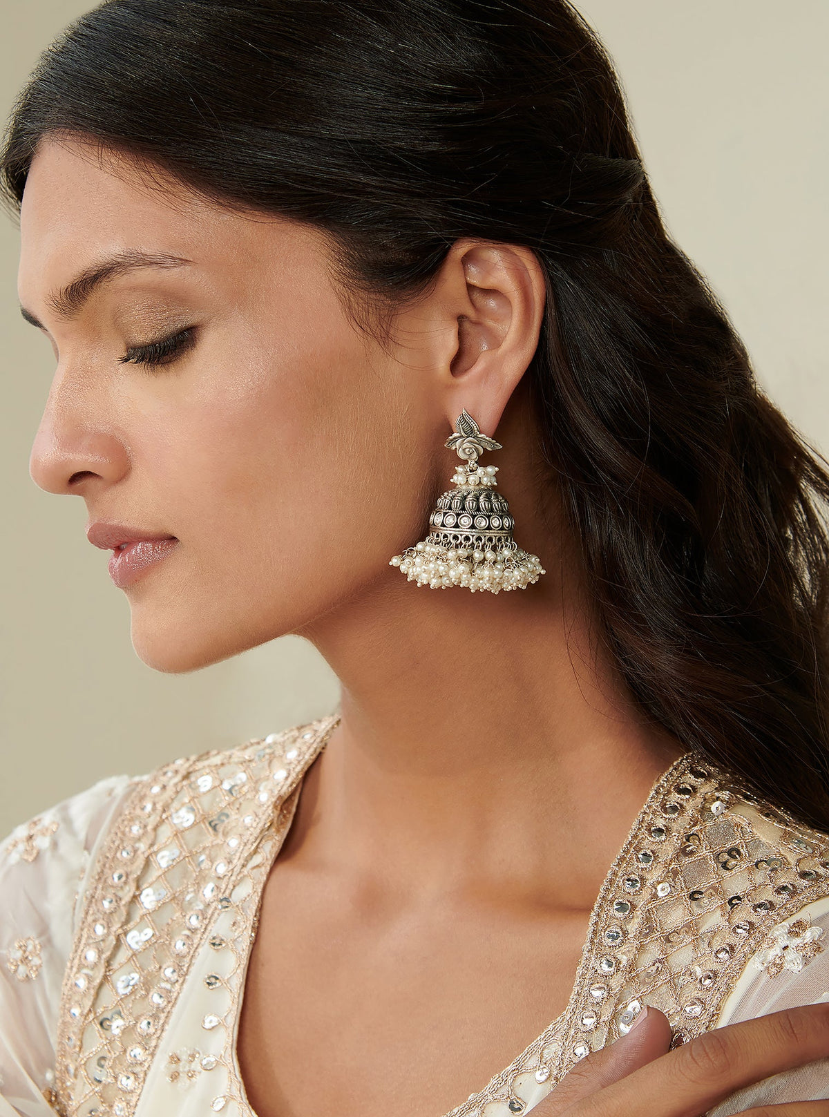 Pure Silver Crystal Rose Dome Jhumka