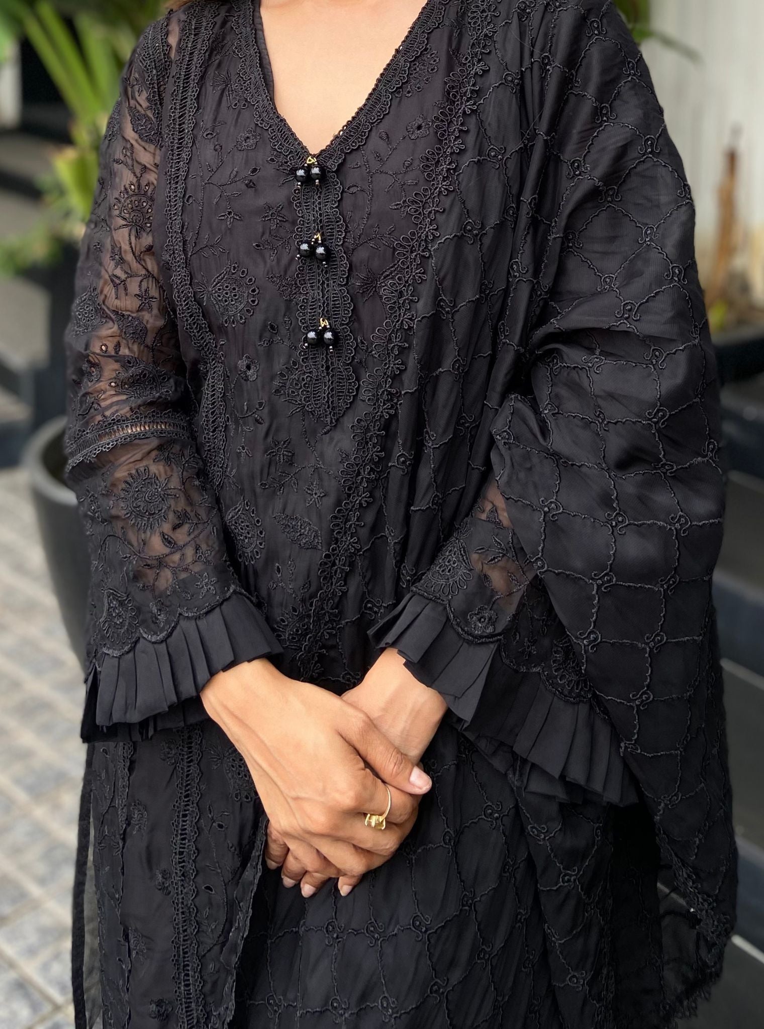 Mulmul Organza Dorset Black Kurta With Cotton Dorset Black Pant