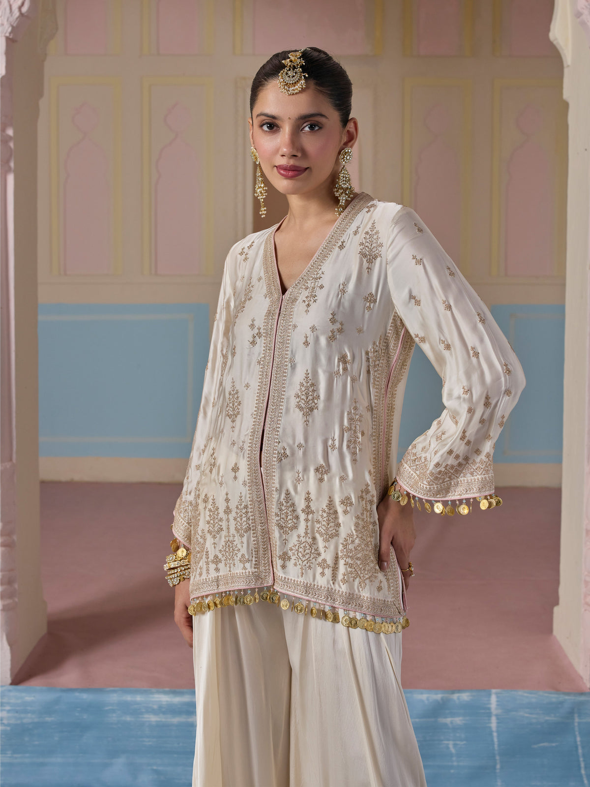 Laado Cupro Satin Off White Kurta with Draped Pants