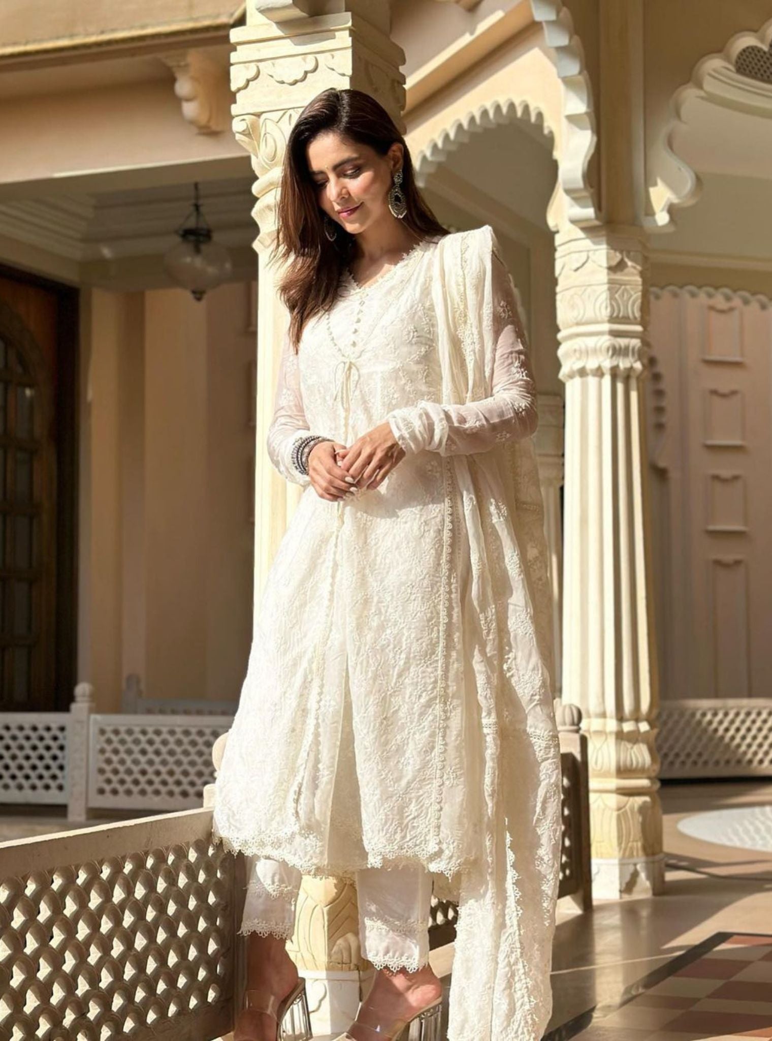 Mulmul Organza Essex Off White Anarkali Kurta with Organza Jacket With Cotton Essex Off White Pant