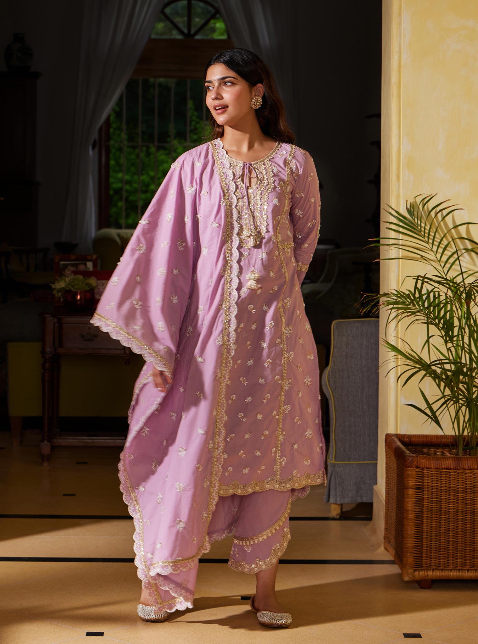 Mulmul Cotton Adah Lilac Kurta with Mulmul Cotton Adah Lilac Pant