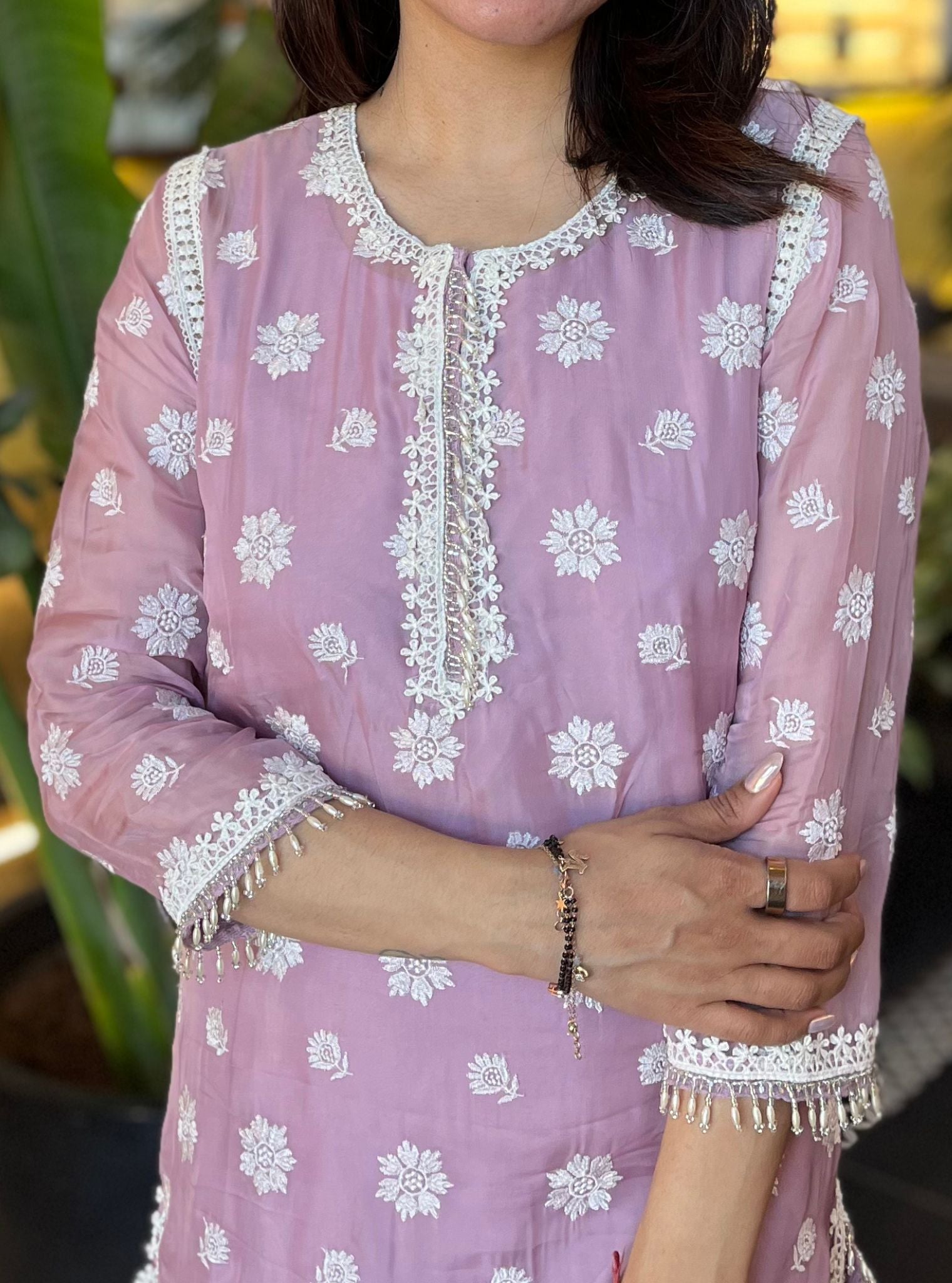 Mulmul Organza Nour Lilac Kurta With Mulmul Cotton Nour Lilac Pant