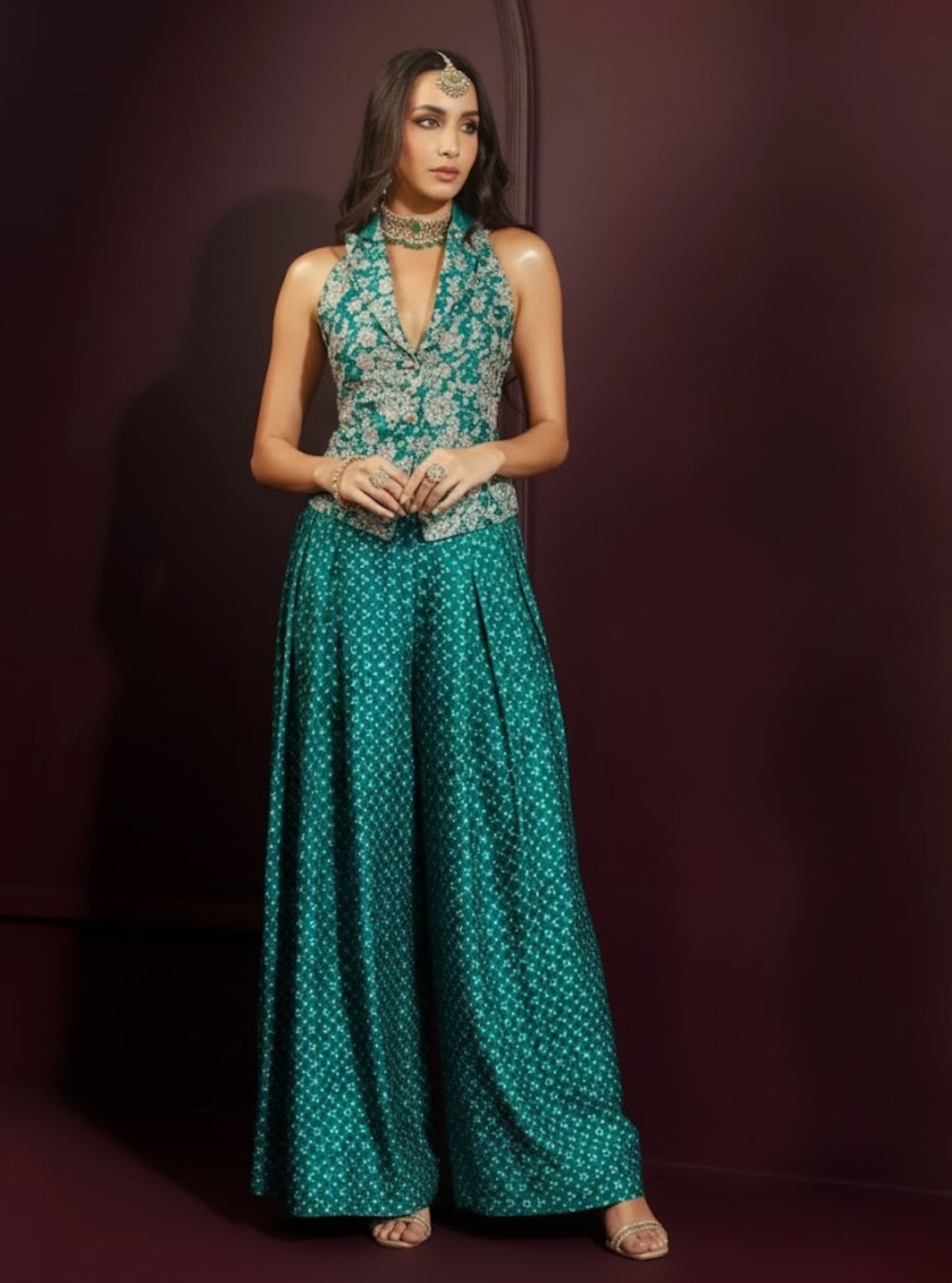 Kuhu Cupro Satin Printed Emerald Green Waistcoat With Wide Pleated Pant