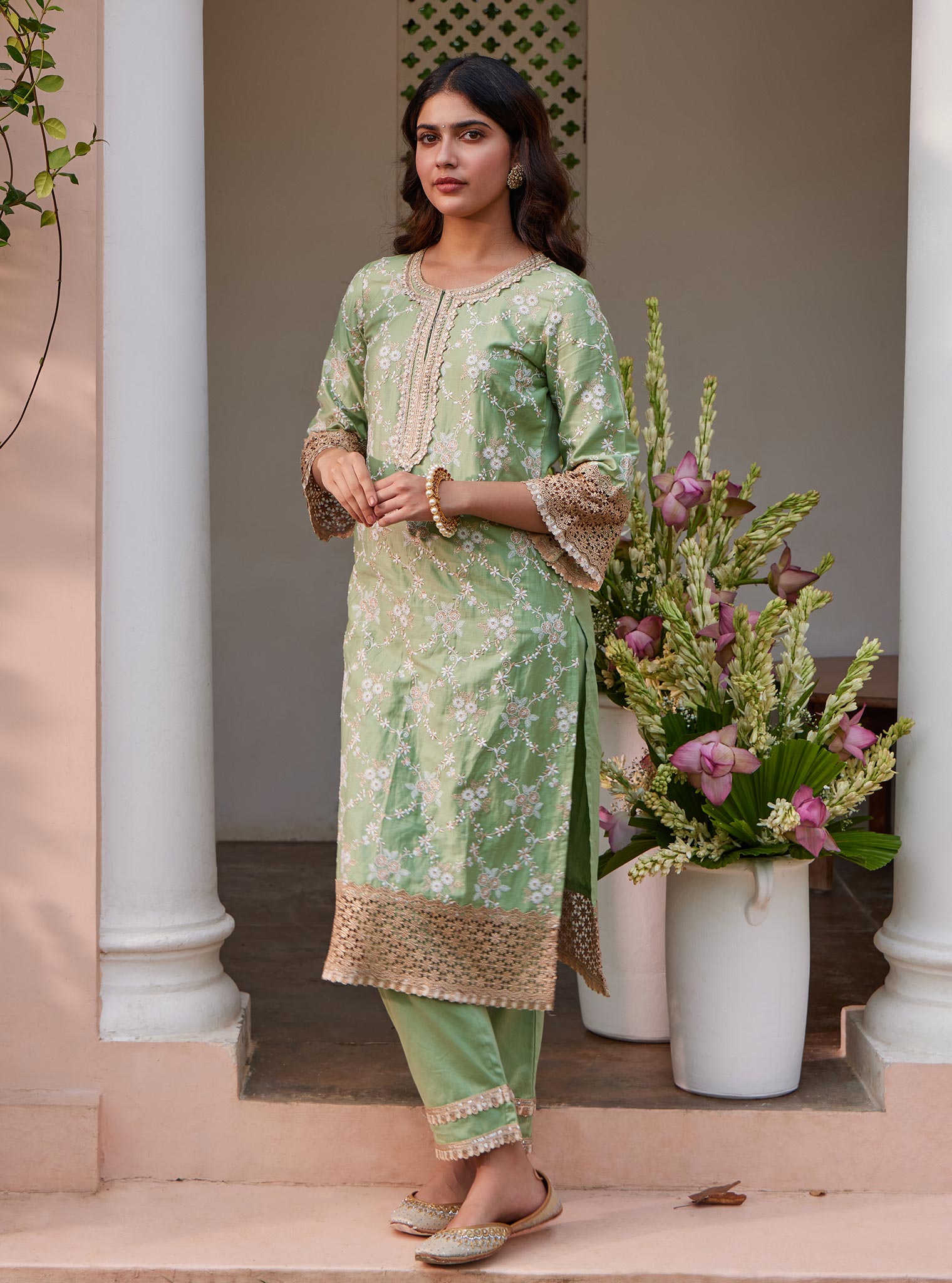 Mulmul Pima Agasti Green Kurta with Mulmul Pima Agasti Green Pant