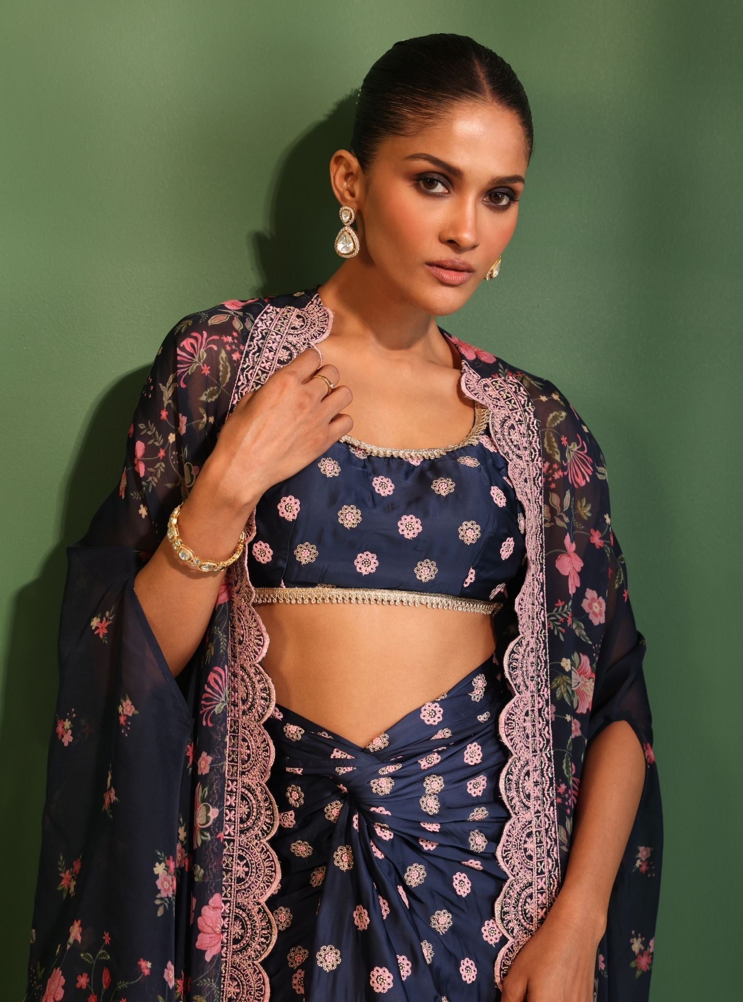 Mulmul Organza Printed Laila Navy Cape Shrug With Mulmul Cupro Satin Laila Navy Skirt