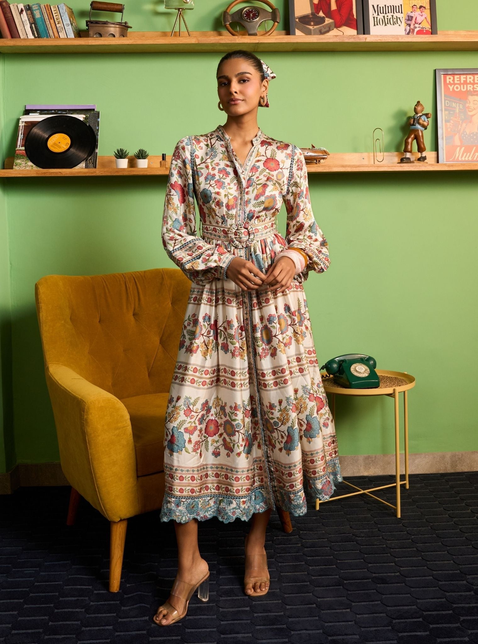 Khas Cupro Satin Off White Printed Dress