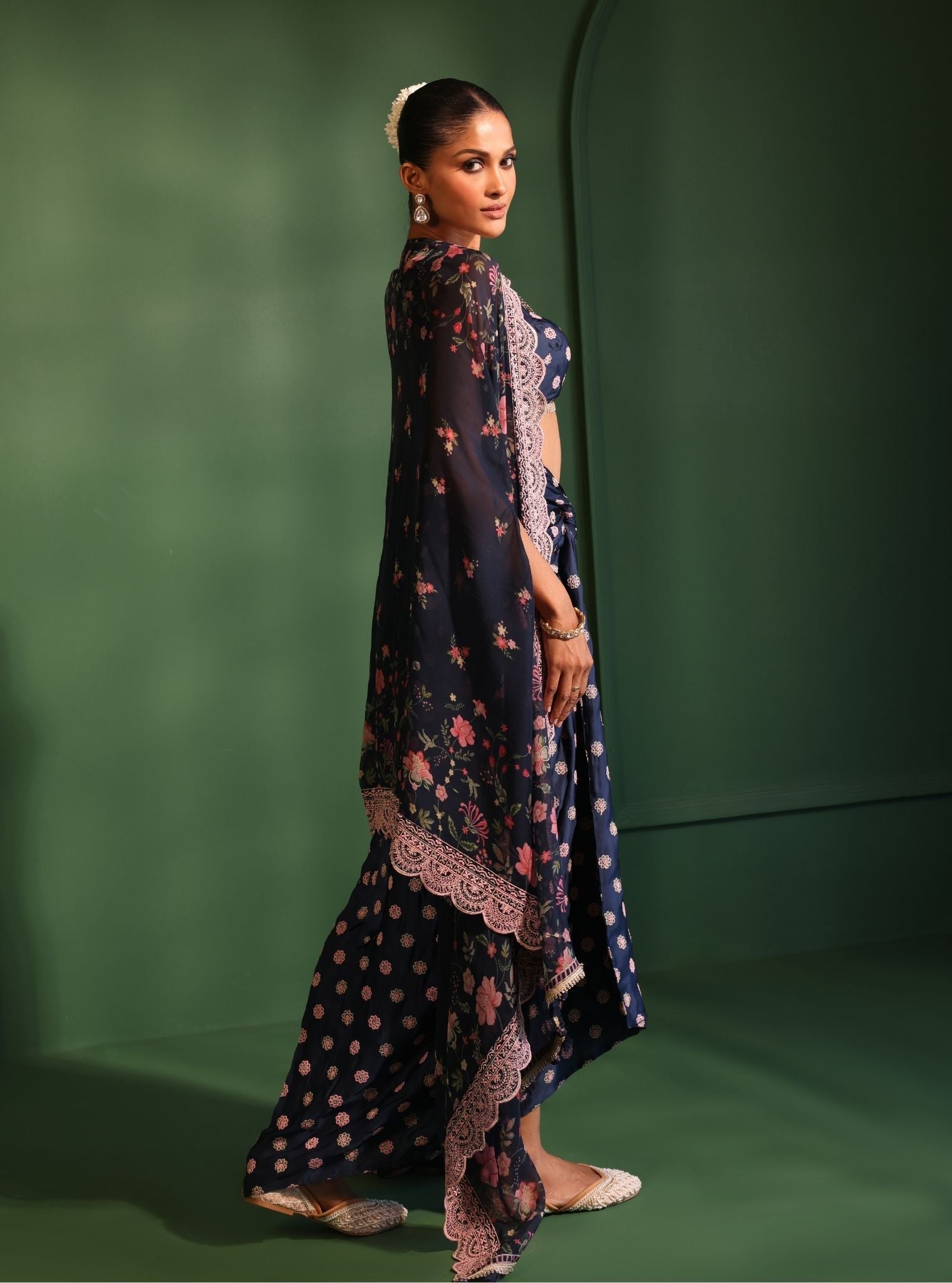 Mulmul Organza Printed Laila Navy Cape Shrug With Mulmul Cupro Satin Laila Navy Skirt