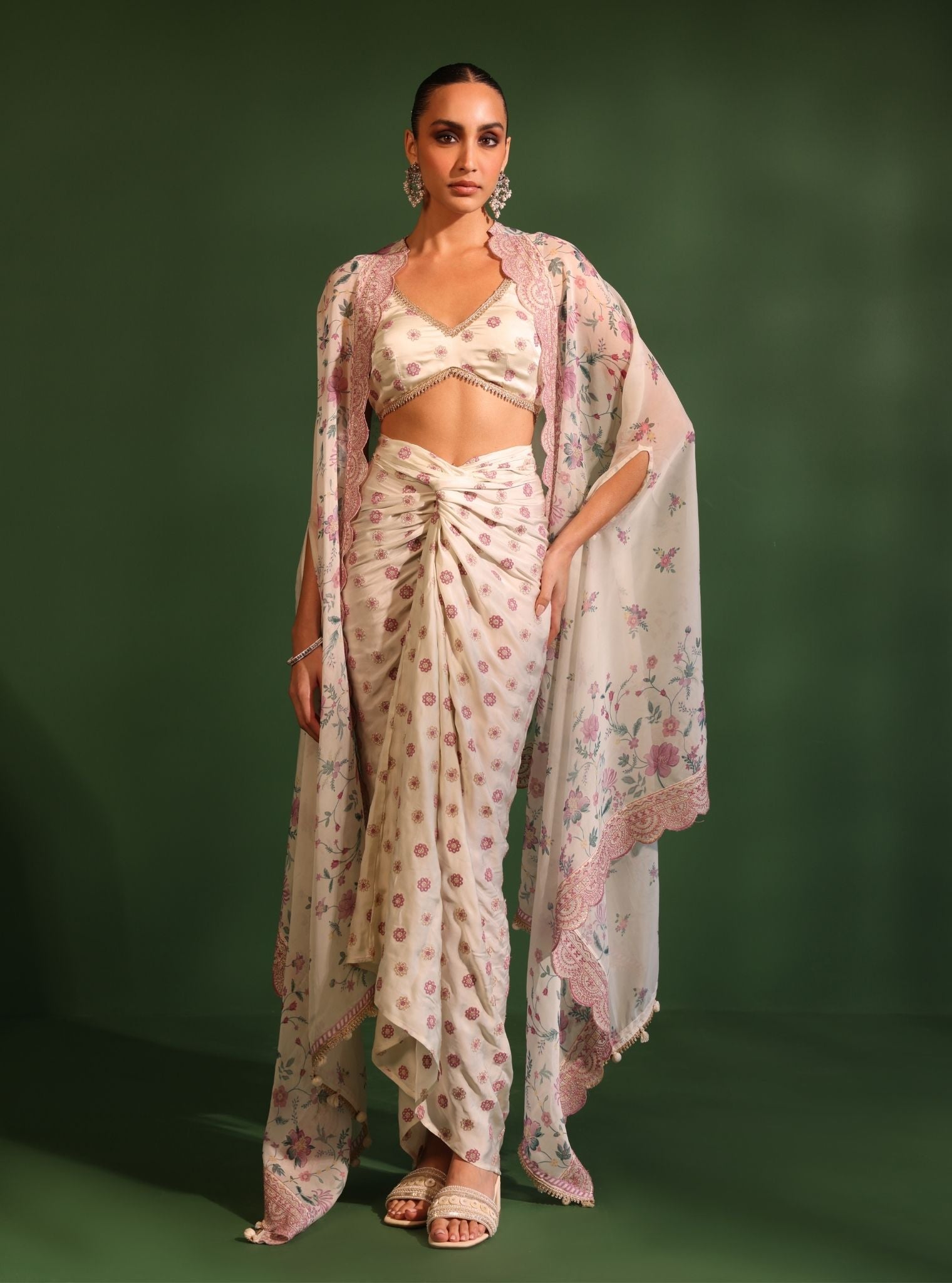 Mulmul Organza Printed Laila Off White Cape Shrug With Mulmul Cupro Satin Laila Off White Skirt