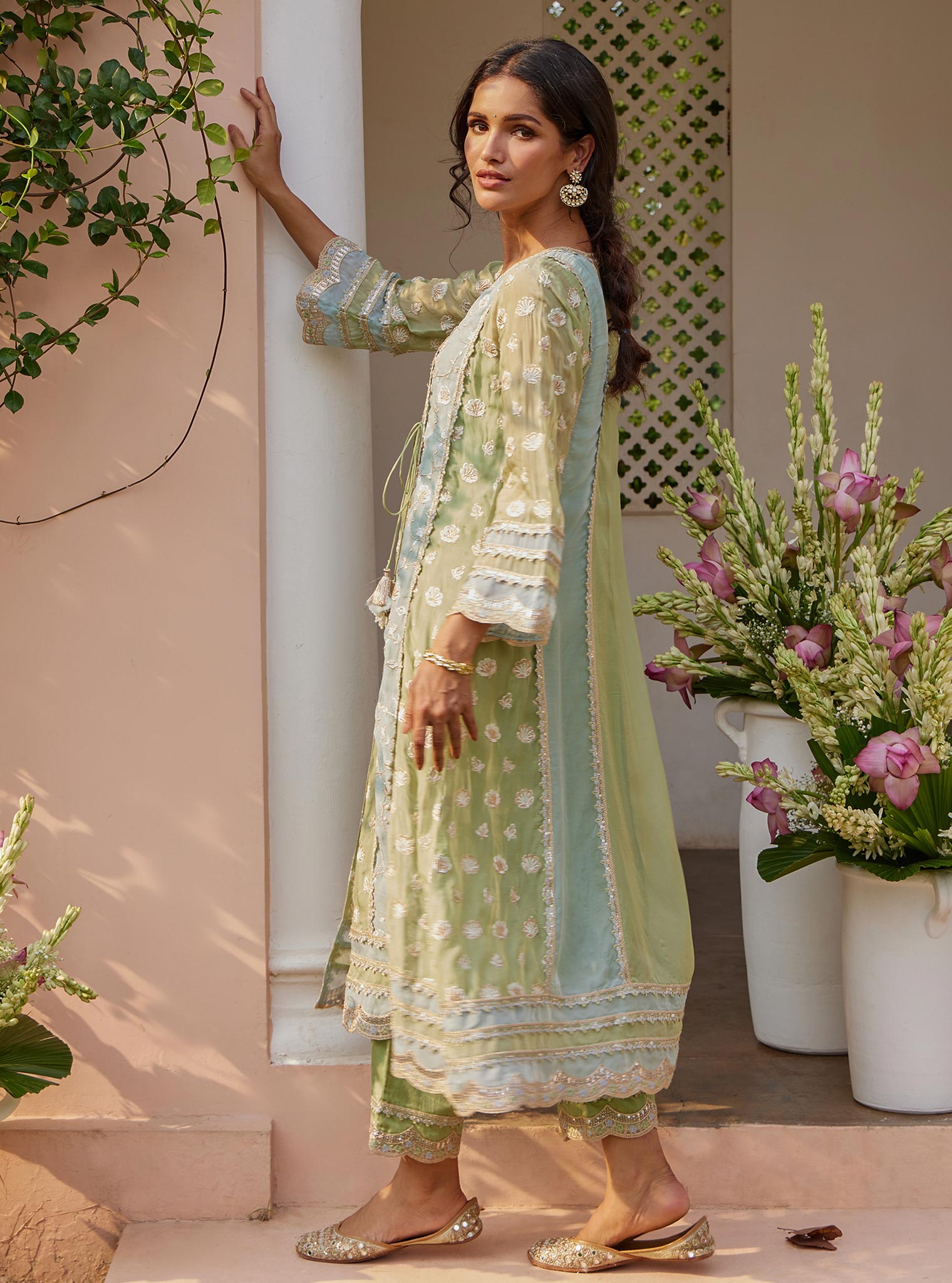 Mulmul Organza Panya Anarkali Green Kurta with Mulmul Pima Panya Green Pant