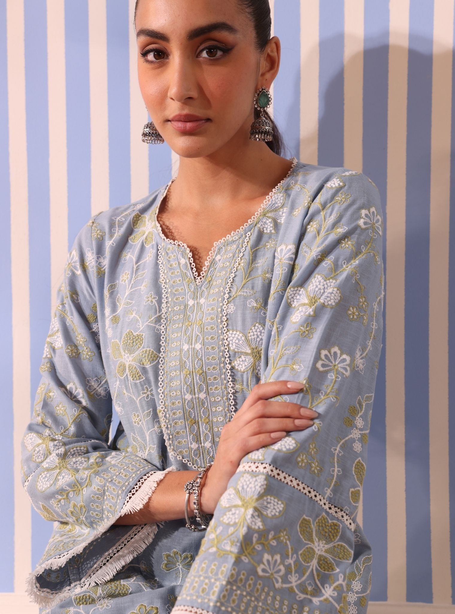 Mulmul Linen Vania Light Blue Kurta With Mulmul Linen Vania Light Blue Pant