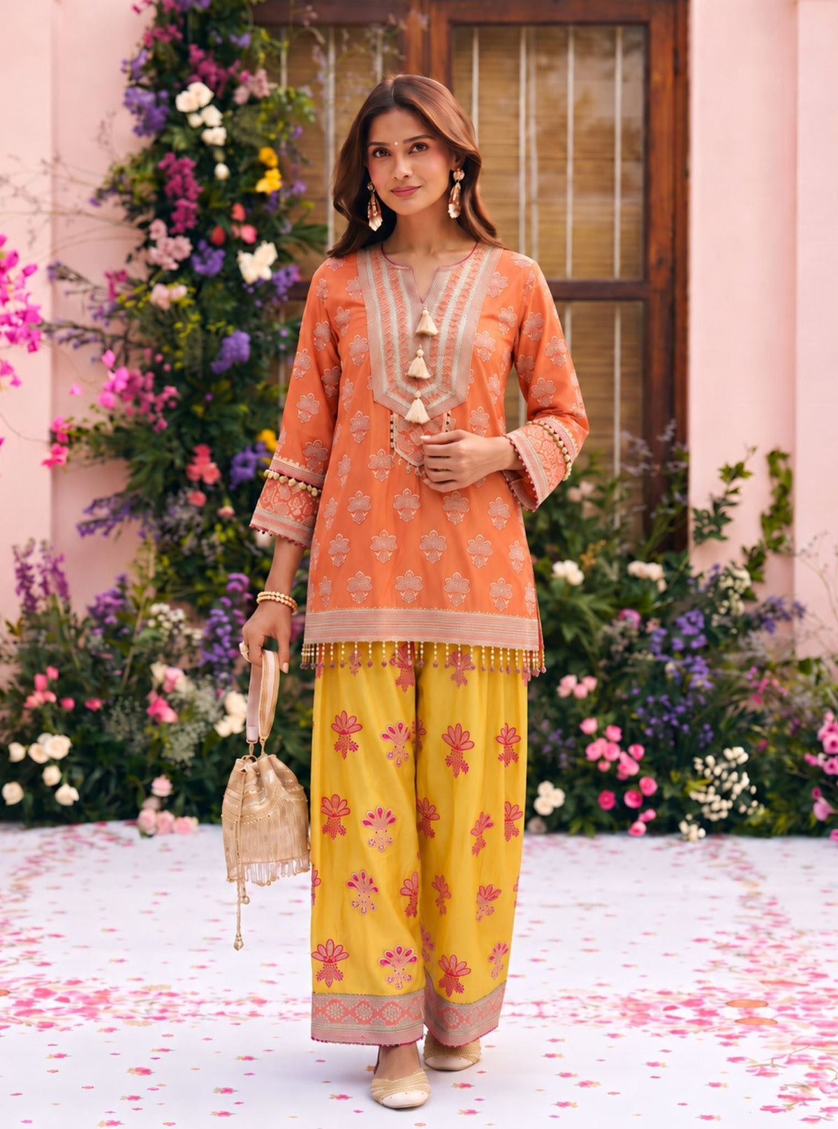 Lani Pima Satin Orange Kurta Set