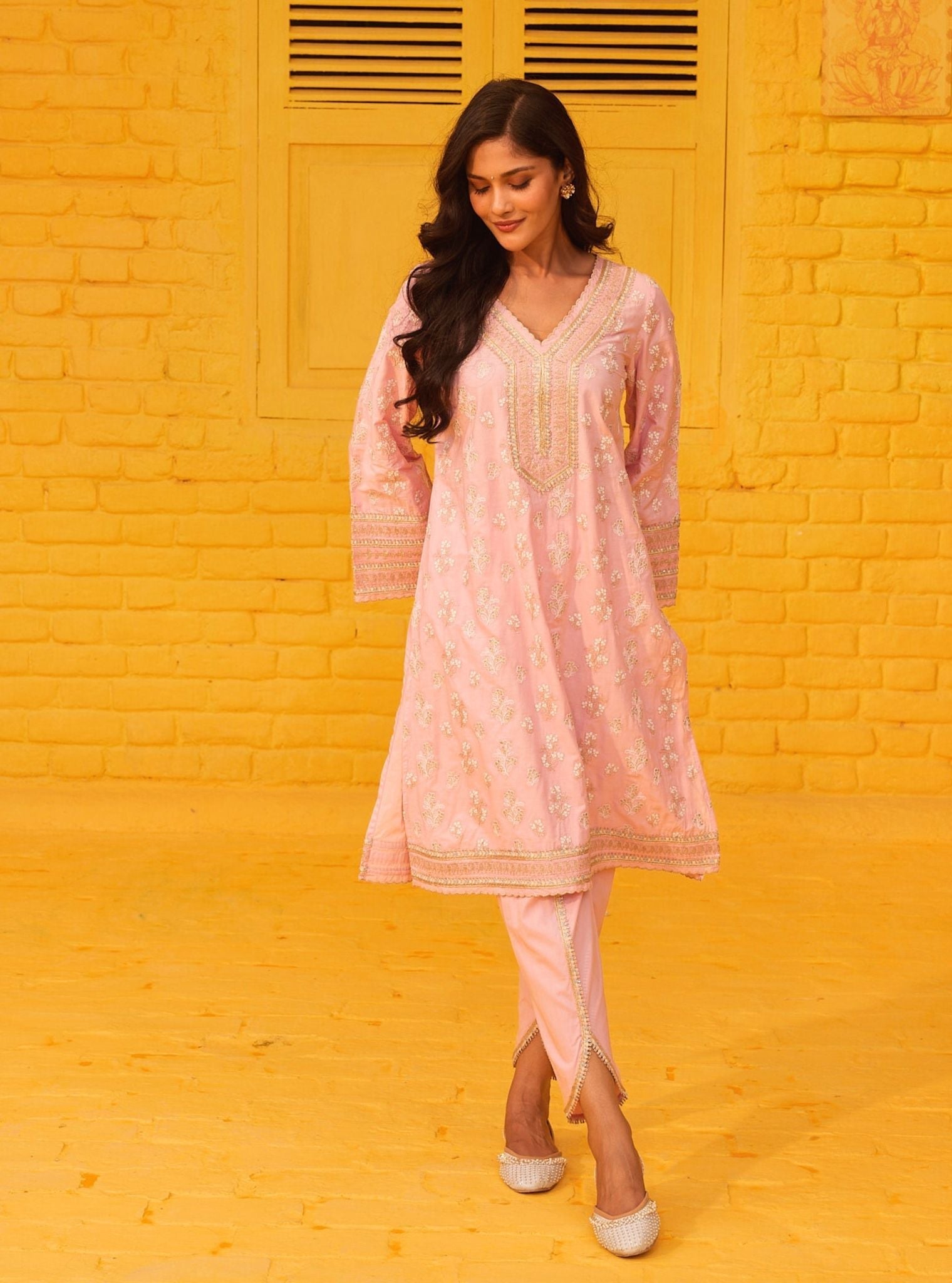 Mulmul Cotton Abria Pink Kurta With Mulmul Cotton Abria Pink Dhoti Pant