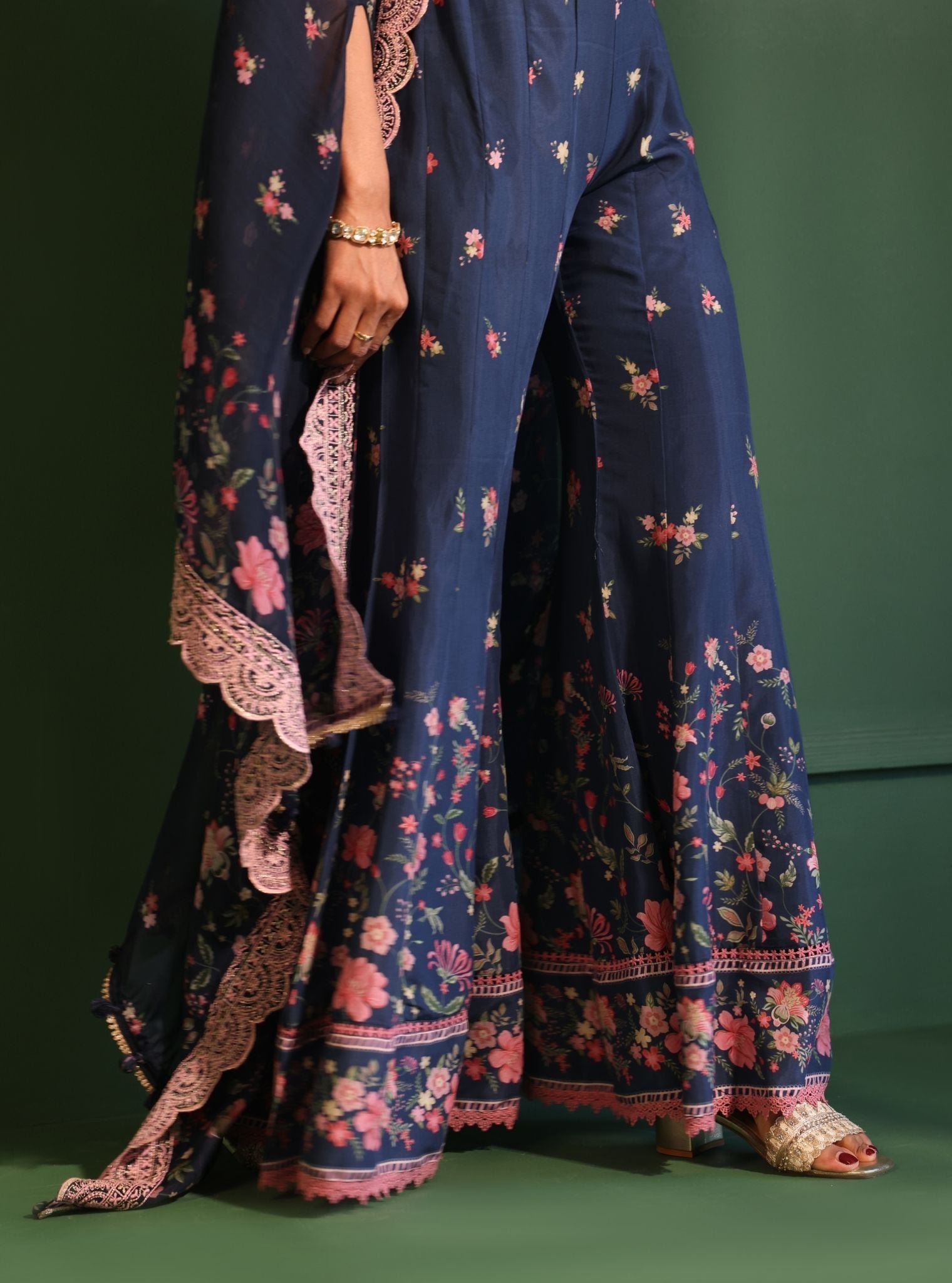 Mulmul Organza Printed Laila Navy Cape Shrug With Mulmul Lawan Printed Laila Navy Sharara