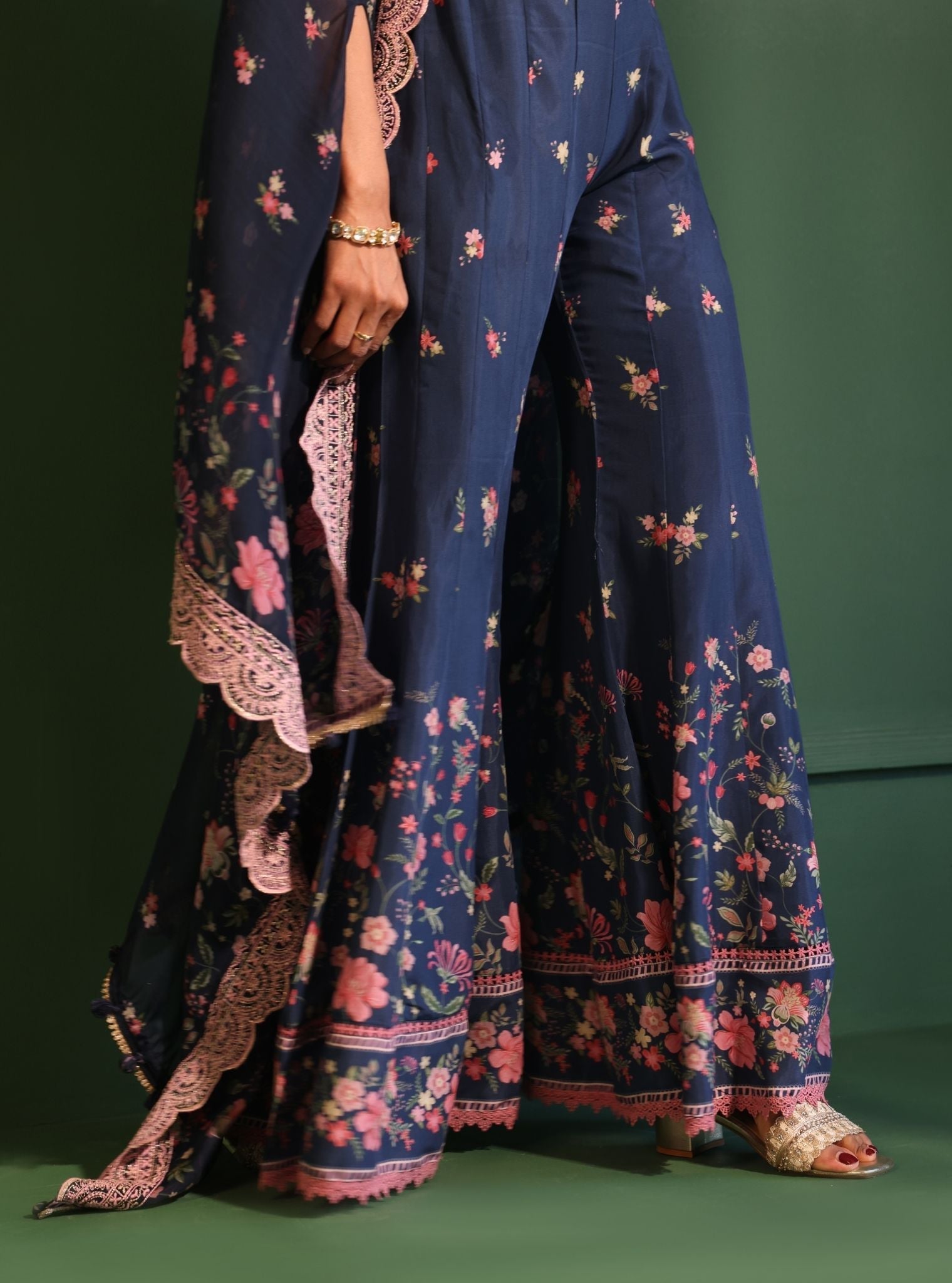 Mulmul Organza Printed Laila Navy Cape Shrug With Mulmul Lawn Printed Laila Navy Sharara
