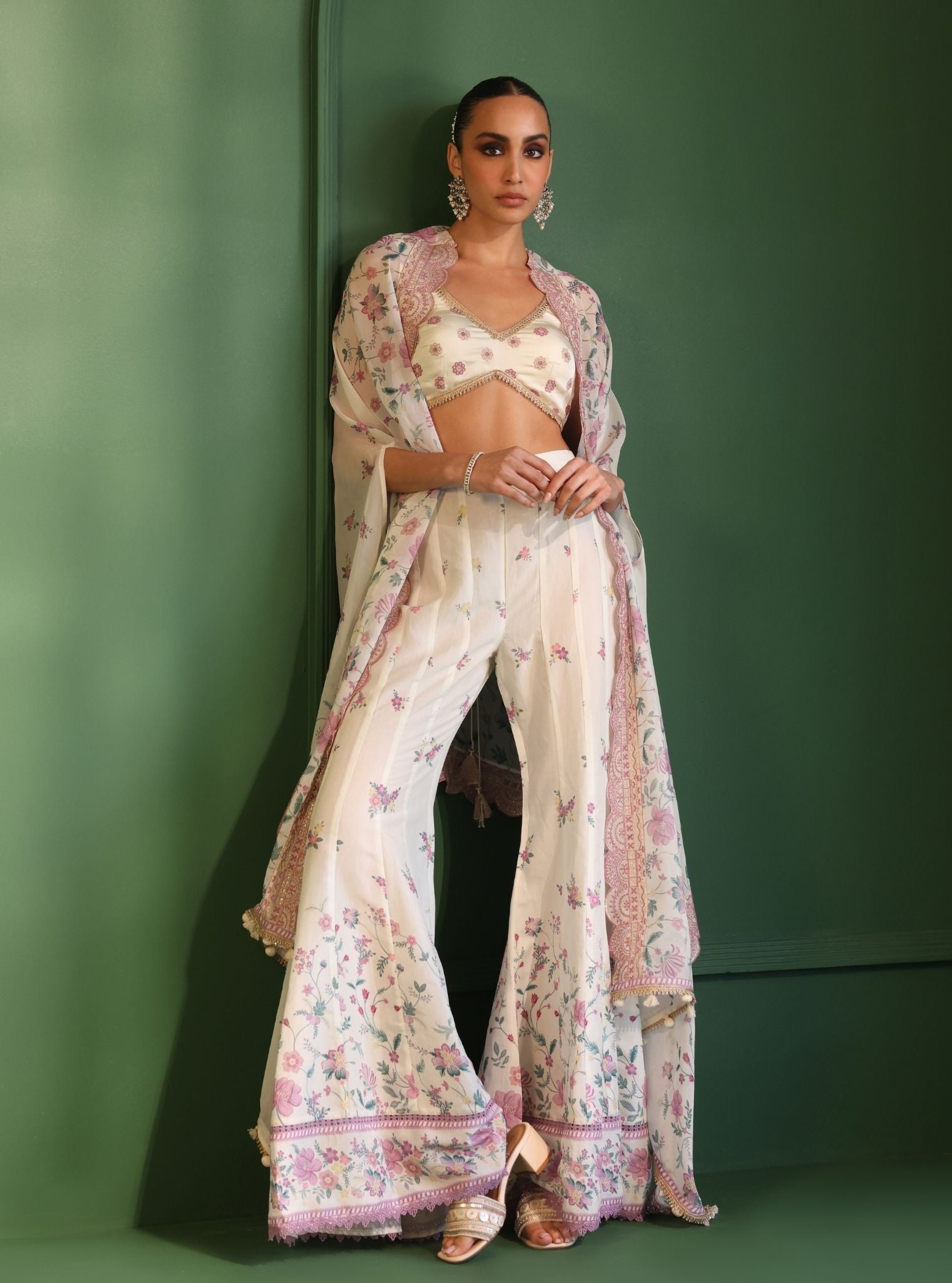 Mulmul Organza Printed Laila Off White Cape Shrug With Mulmul Lawan Printed Laila Off White Sharara