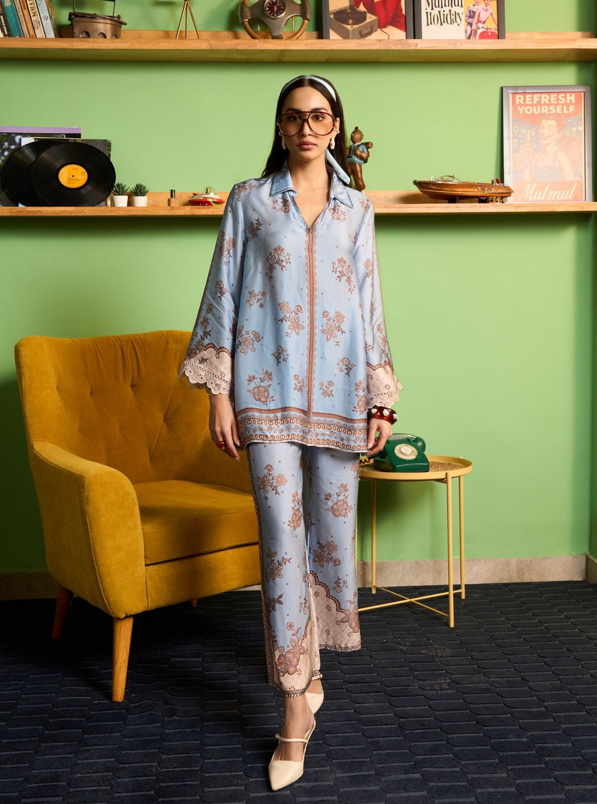 Mehrang Cupro Satin Blue Printed Shirt Set
