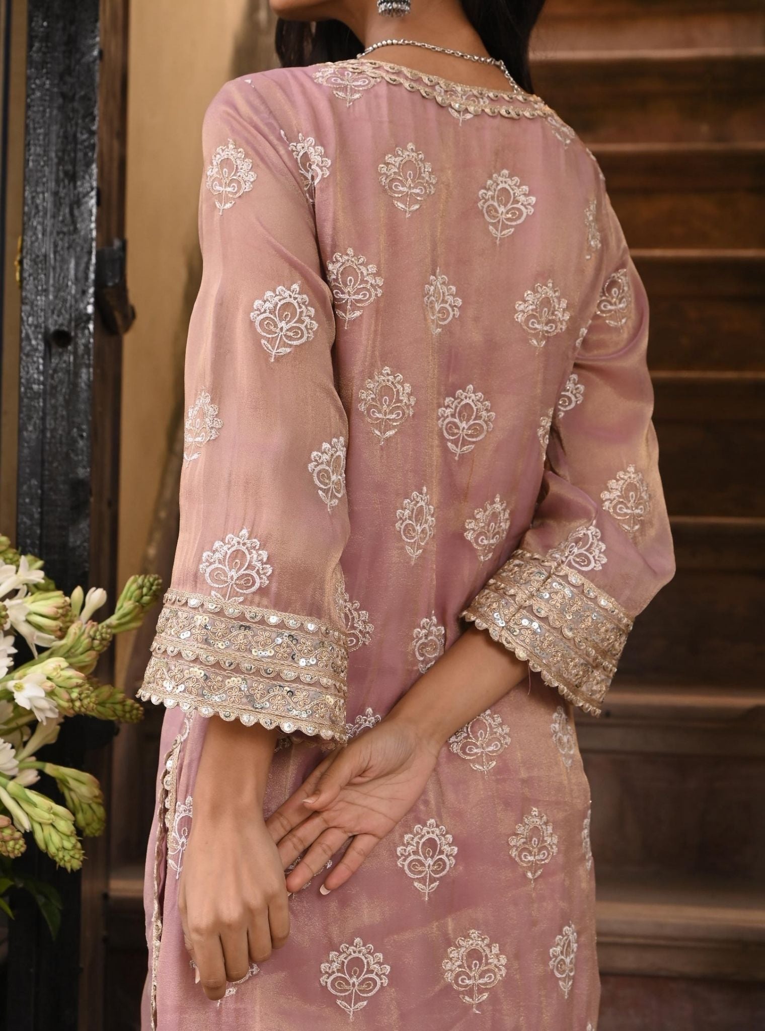 Mulmul Luxe Tissue Kasuri Lilac Kurta with Mulmul Pima Satin Kasuri Lilac Pant