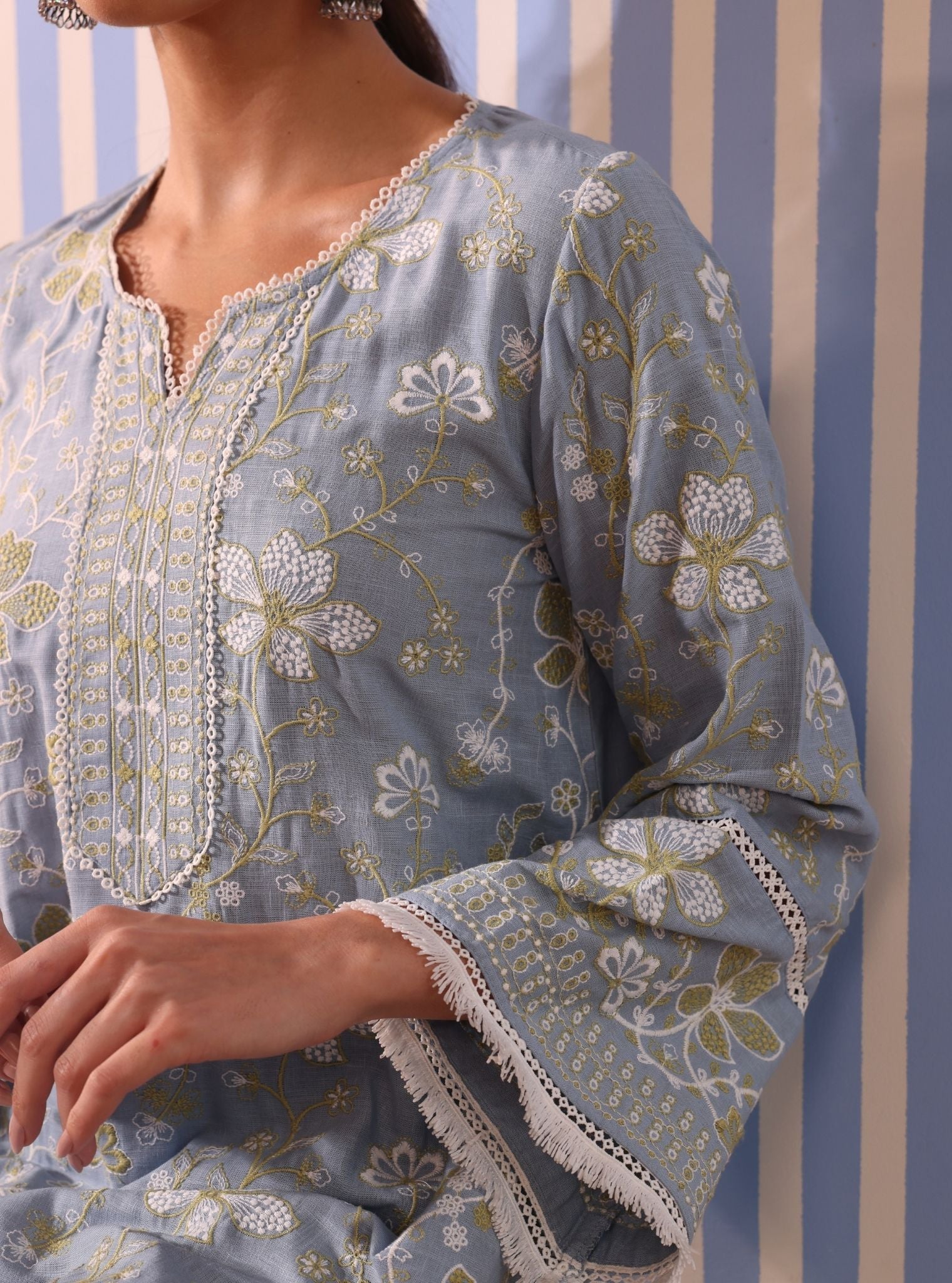 Mulmul Linen Vania Light Blue Kurta With Mulmul Linen Vania Light Blue Pant
