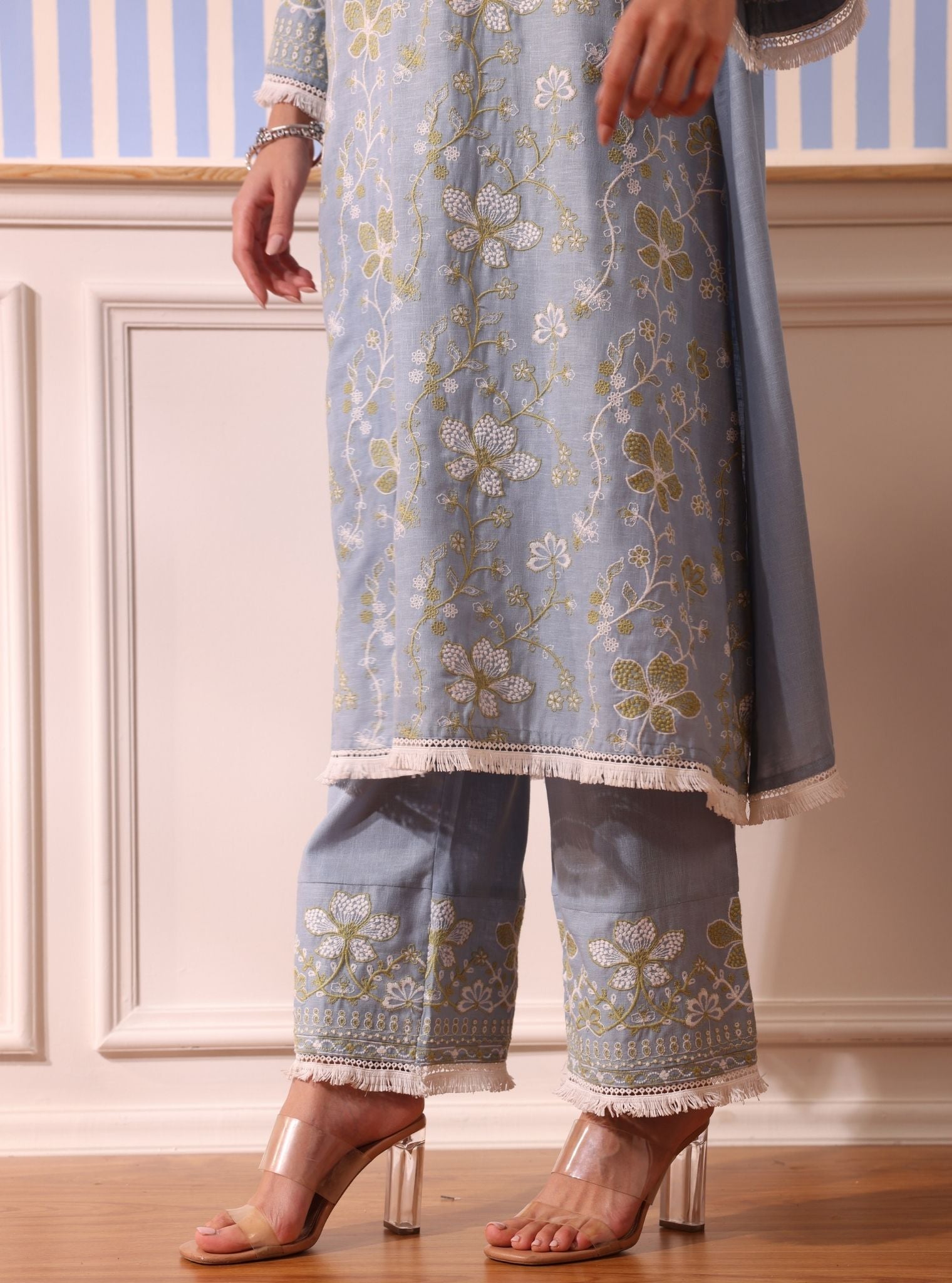 Mulmul Linen Vania Light Blue Kurta With Mulmul Linen Vania Light Blue Pant