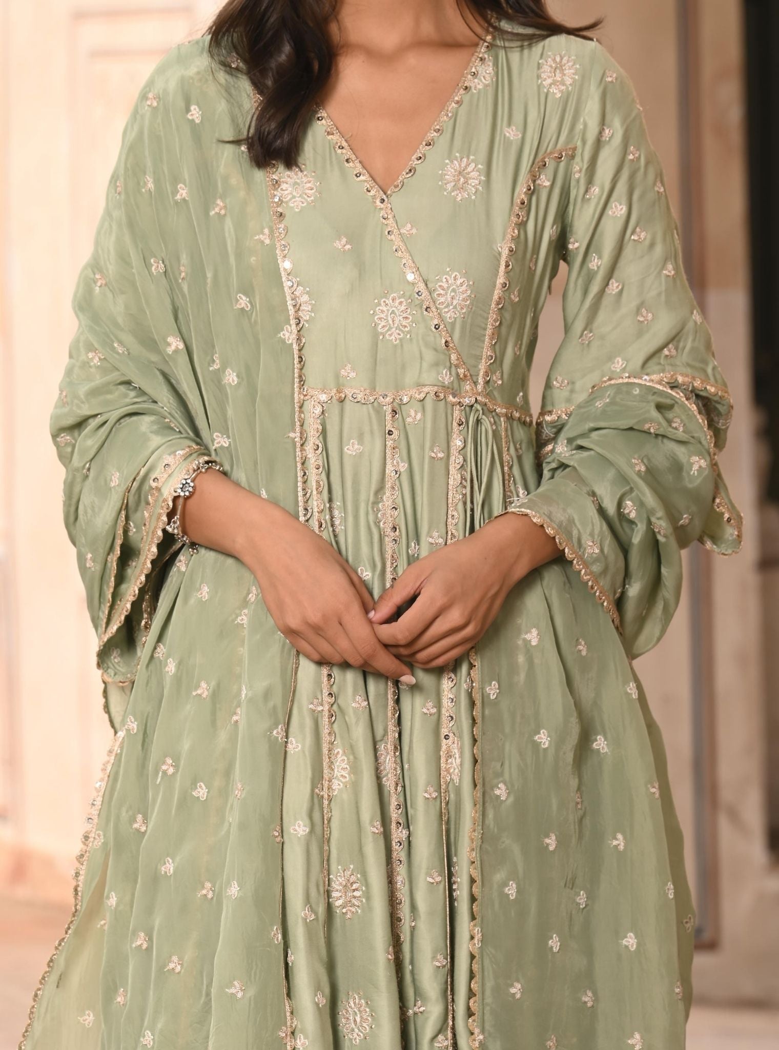 Mulmul Modal Satin Chaiyya Sage Green Anarkali Kurta with Mulmul Modal Satin Chaiyya Sage Green Pant