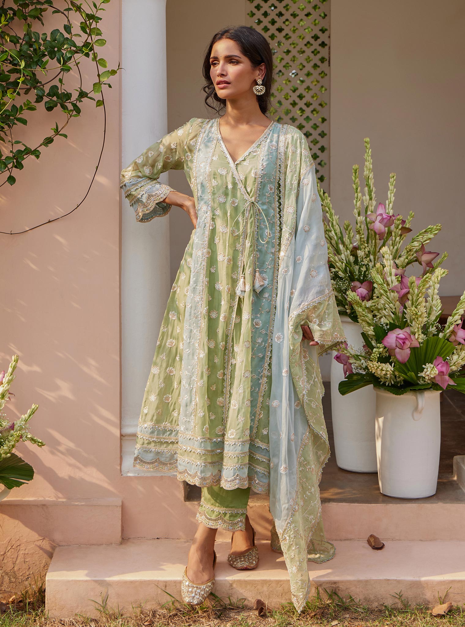 Mulmul Organza Panya Anarkali Green Kurta with Mulmul Pima Panya Green Pant