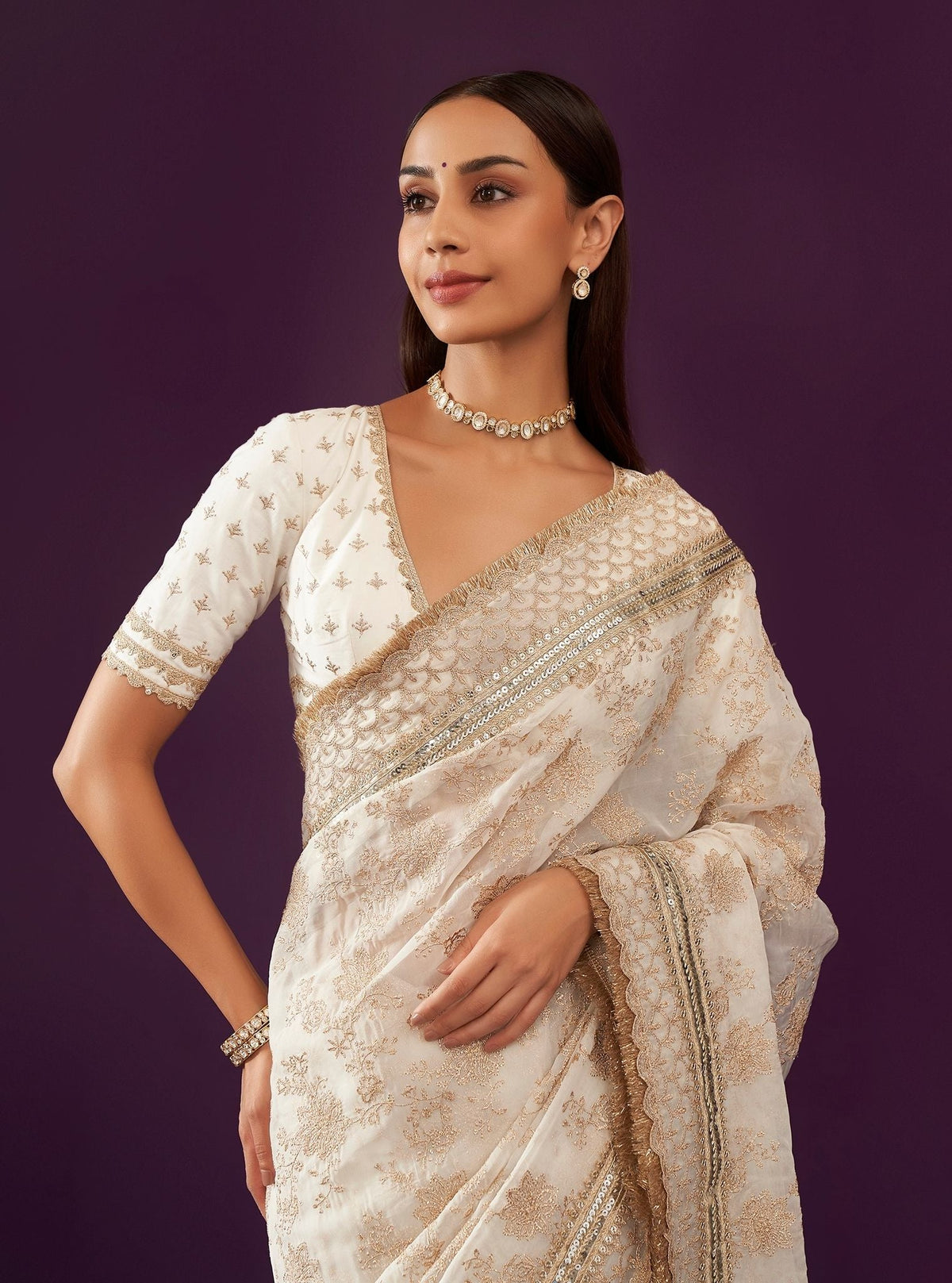Kamon Organza Off White Saree