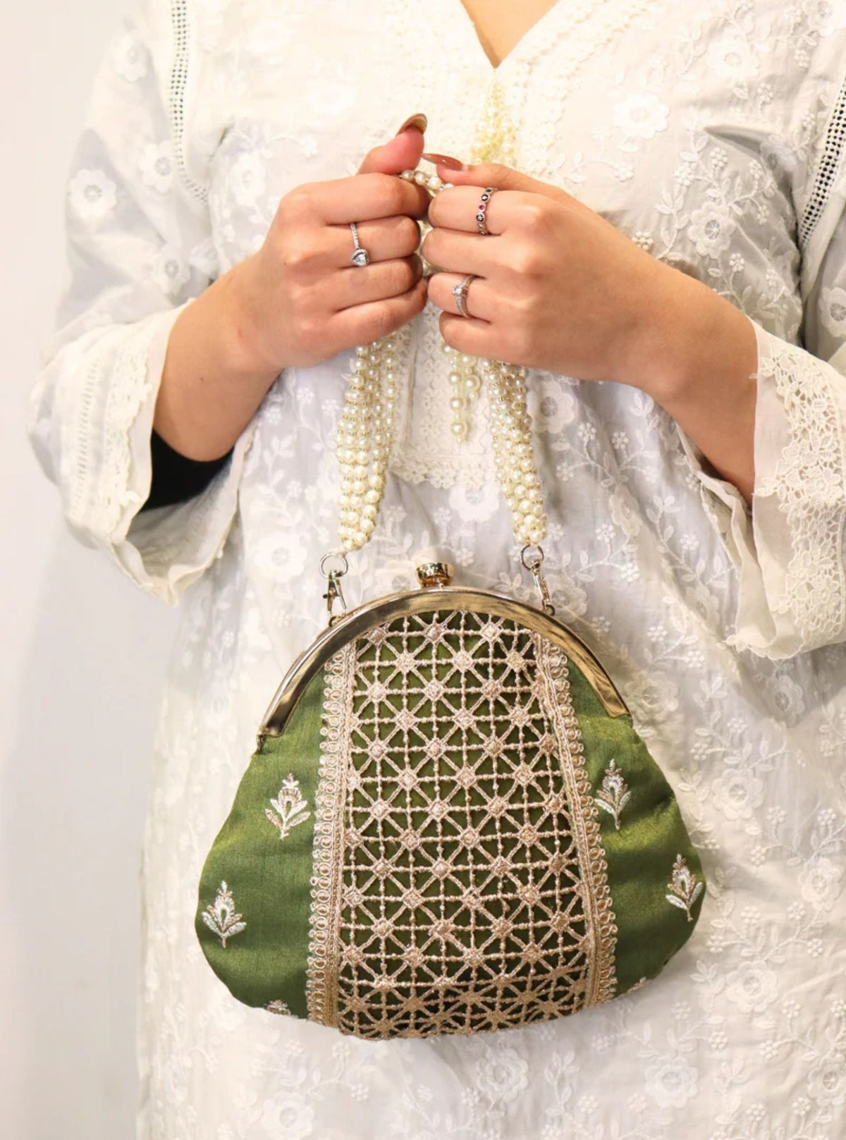Mulmul Jashan Moss Green Clutch Bag
