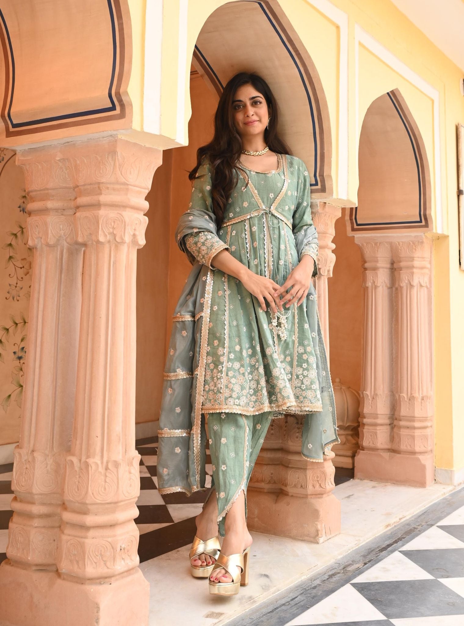 Mulmul Tissue Satin Sajeya Teal Blue Anarkali Kurta with Mulmul Luxe Tissue Satin Sajeya Teal Blue Dhoti Pant