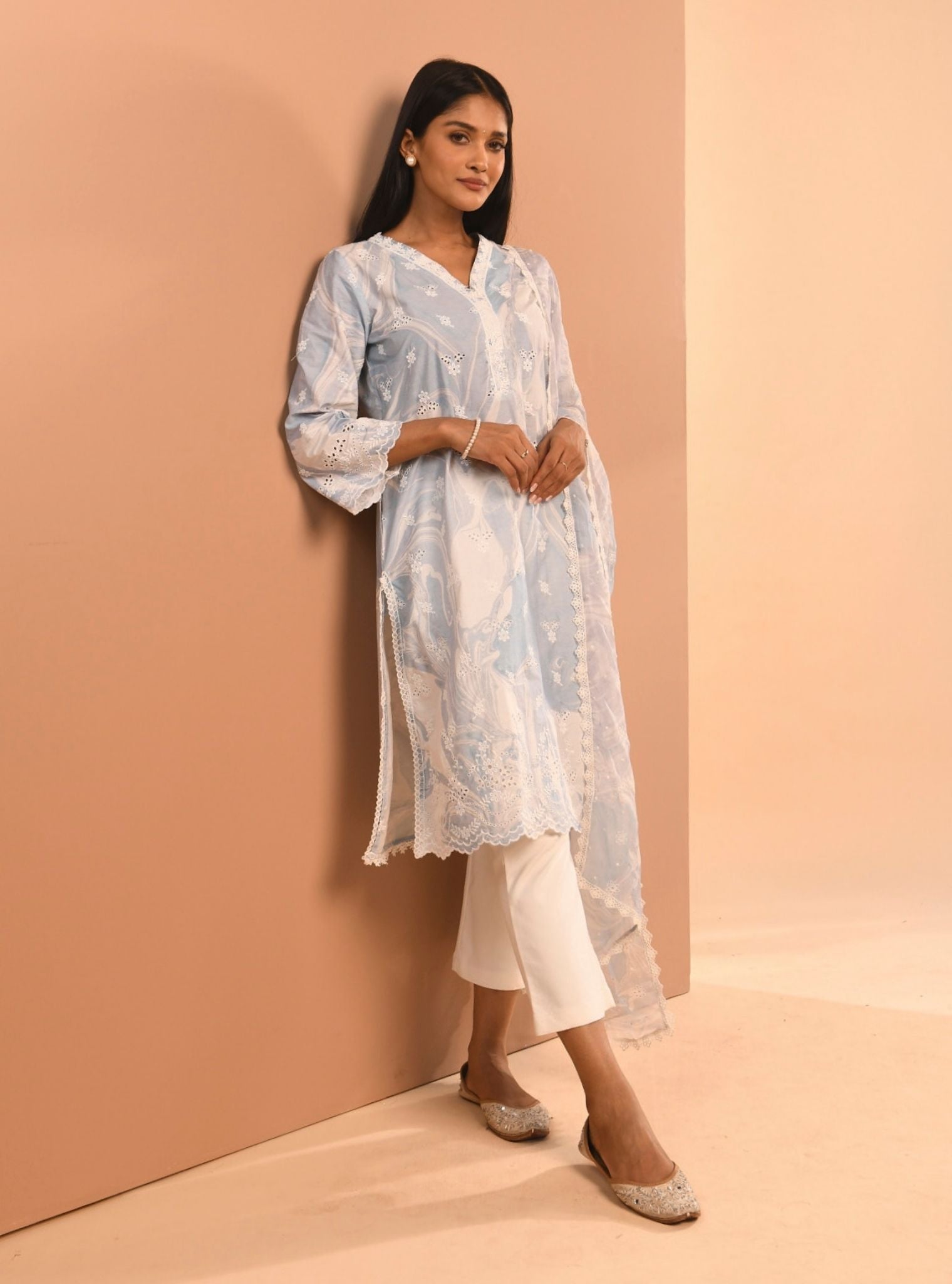 Mulmul Cotton Marble Adela Blue Kurta