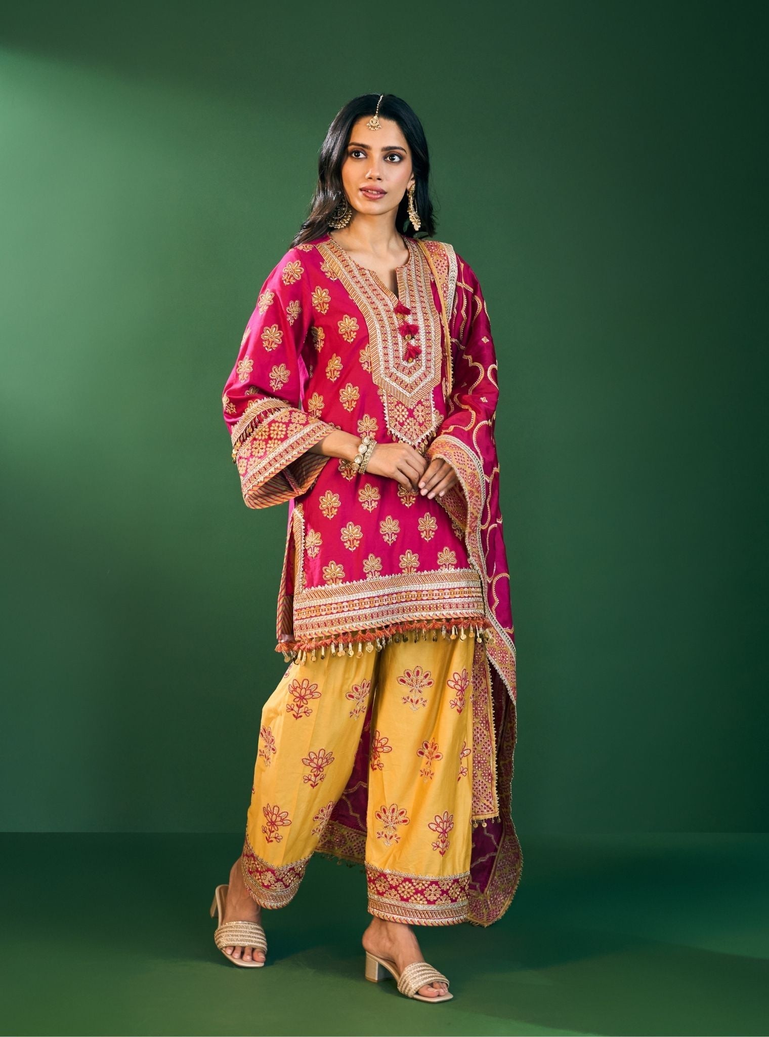 Lani Pima Satin Fuchsia Kurta With Mustard Pant