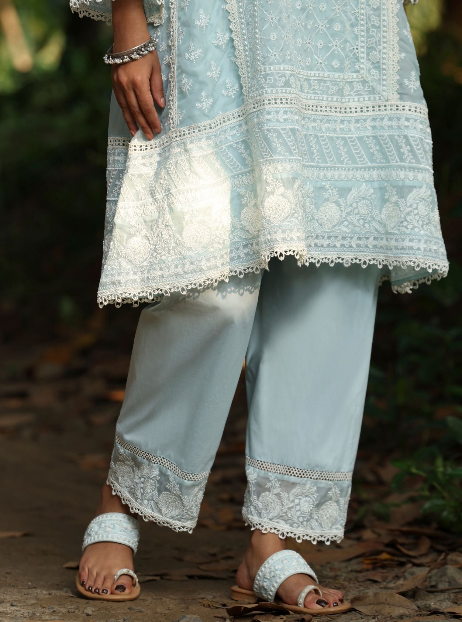 Mulmul Organza Sritha Blue Kurta With Mulmul Cotton Sritha Blue Pant