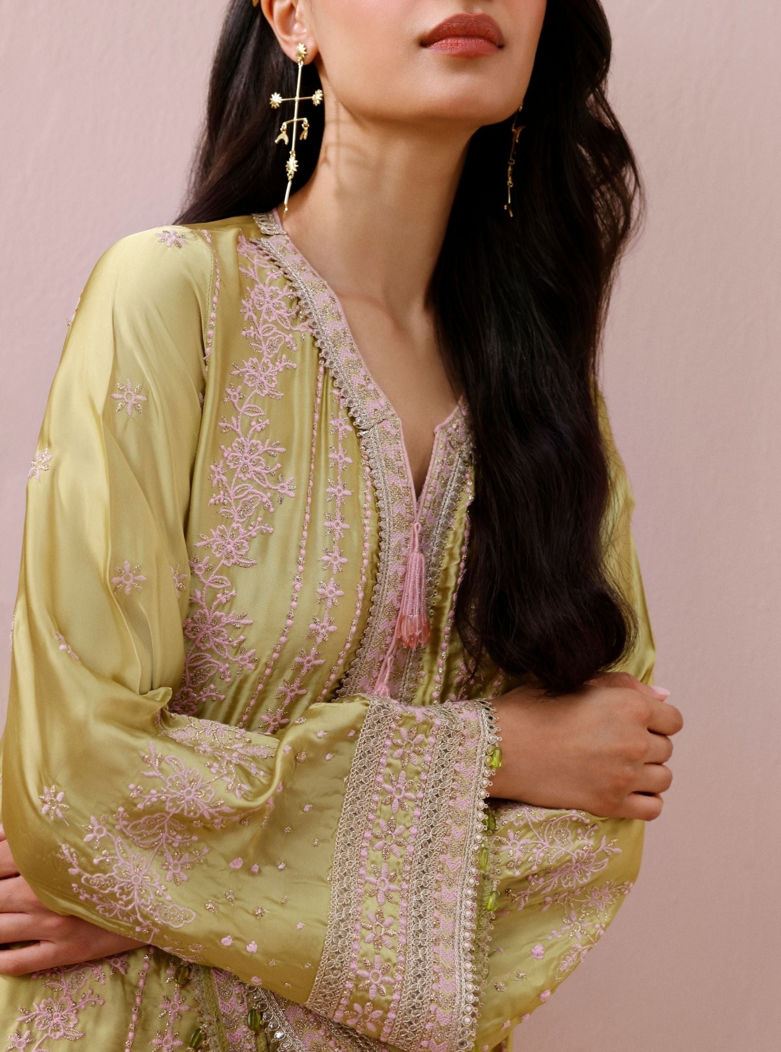 Zuri Cupro Satin Lime Kurta With Farshi Salwar