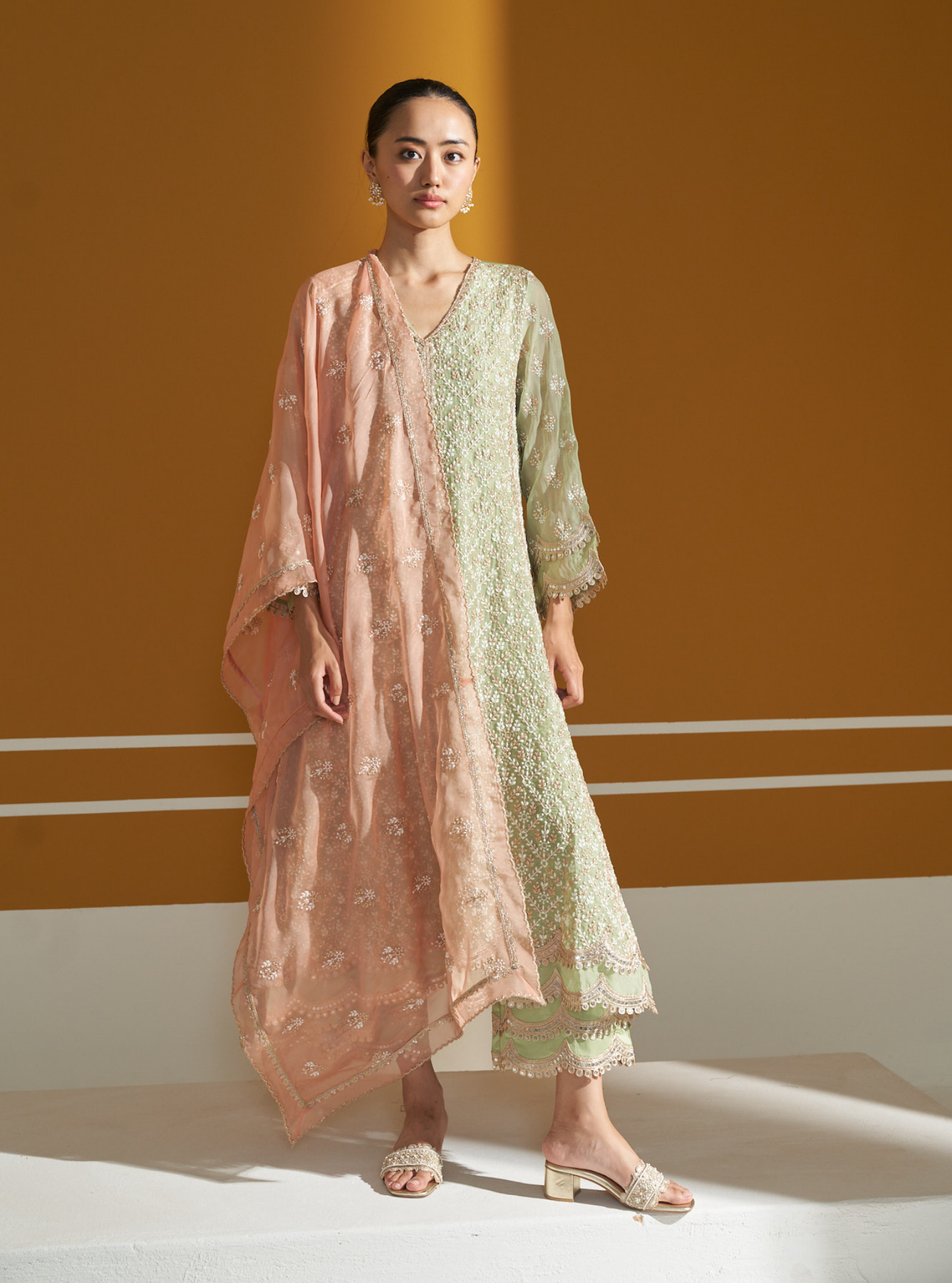 Mulmul Organza Kwanjal Green Kurta With Mulmul Pima Satin Kwanjal Green Pant