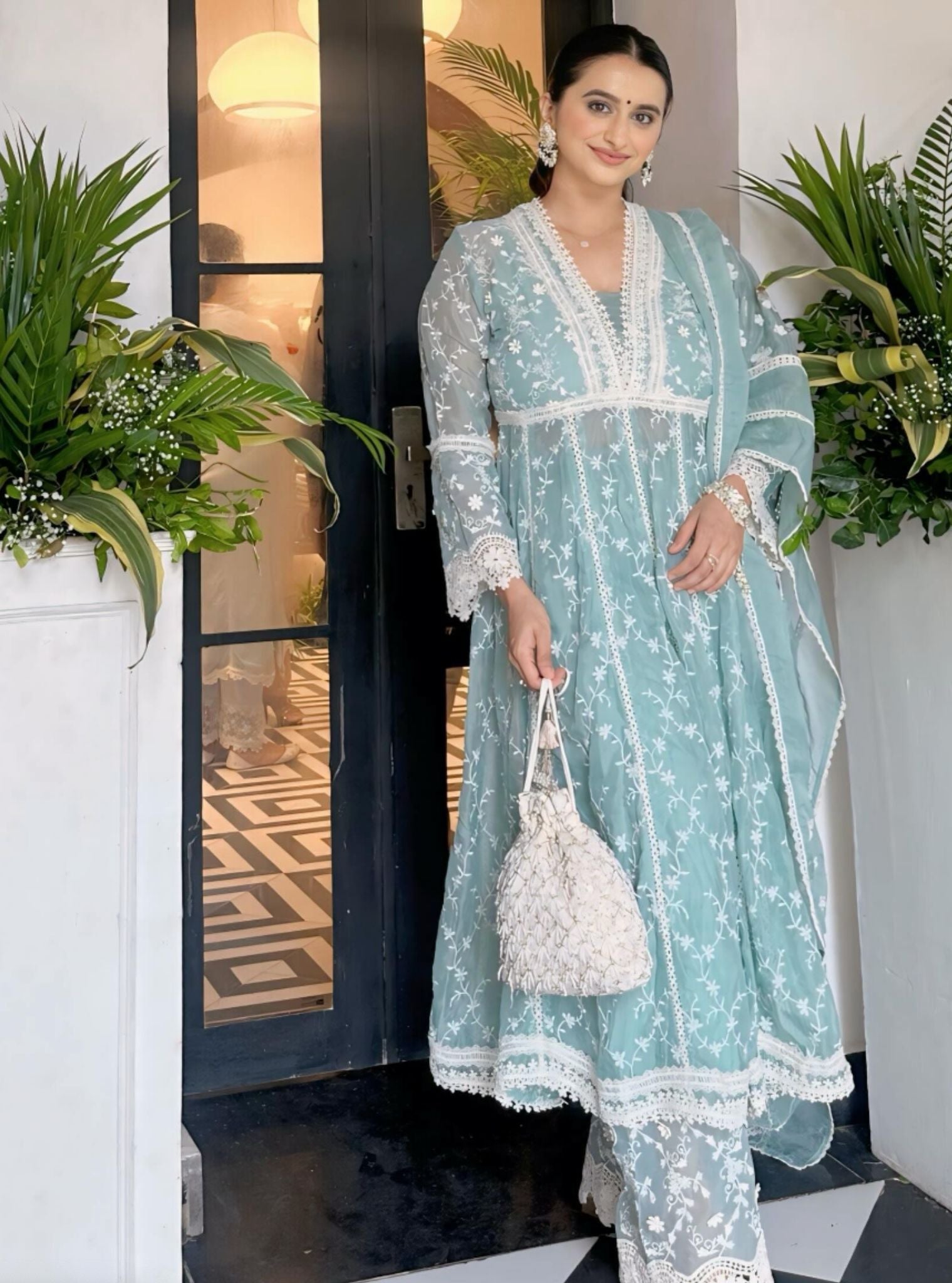 Mulmul Organza Capila Teal Blue Kurta With Mulmul Cotton Capila Teal Blue Pant